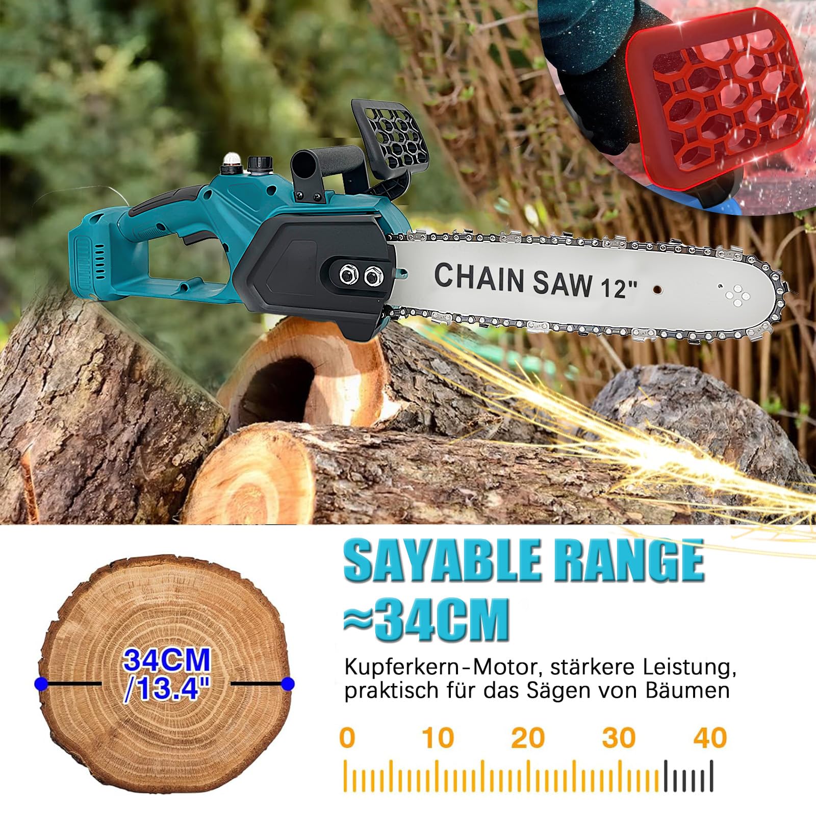Sierra de cadena con batería de 12 pulgadas con 2 baterías de 5500 mAh, sierra eléctrica de 30 cm para Makita, sierra de mano eléctrica para cortar madera, podar árboles y podar árboles
