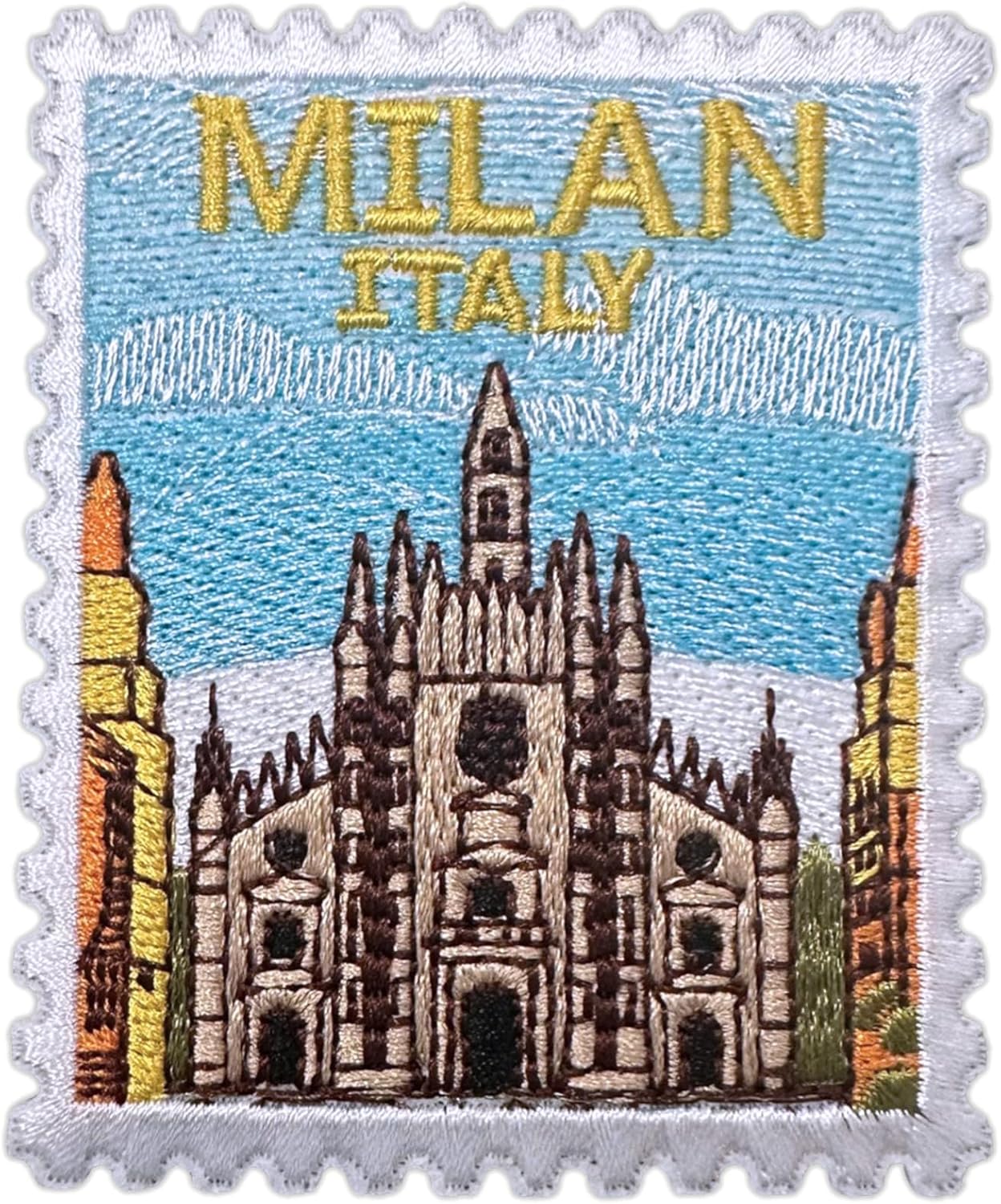 Milan Church Italy Stamp 3 Inches Iron On/Sew On Embroidered Applique Patch, Traveling Embroidery Patches, DIY Accessories for Backpacks, Army Vests, Bags Hats Clothes, Gifts for Travel Lover