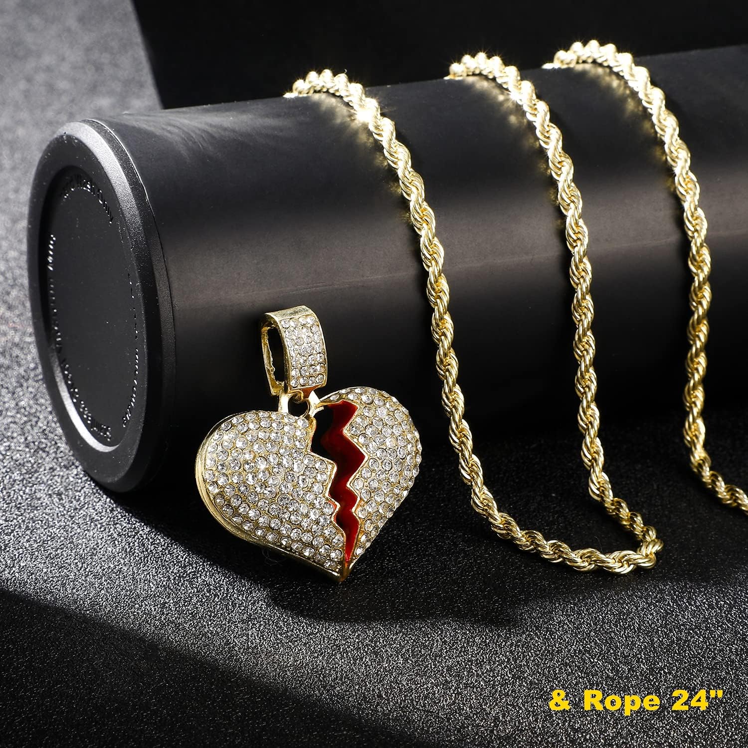 HH BLING EMPIRE Iced Out Broken Heart Chain Necklace for Men Women, Silver Gold Heart Pendant with Rope | Tennis | Cuban Link Chains, Hip Hop Rapper Chain Necklaces (Gold Heart A & Cuban)
