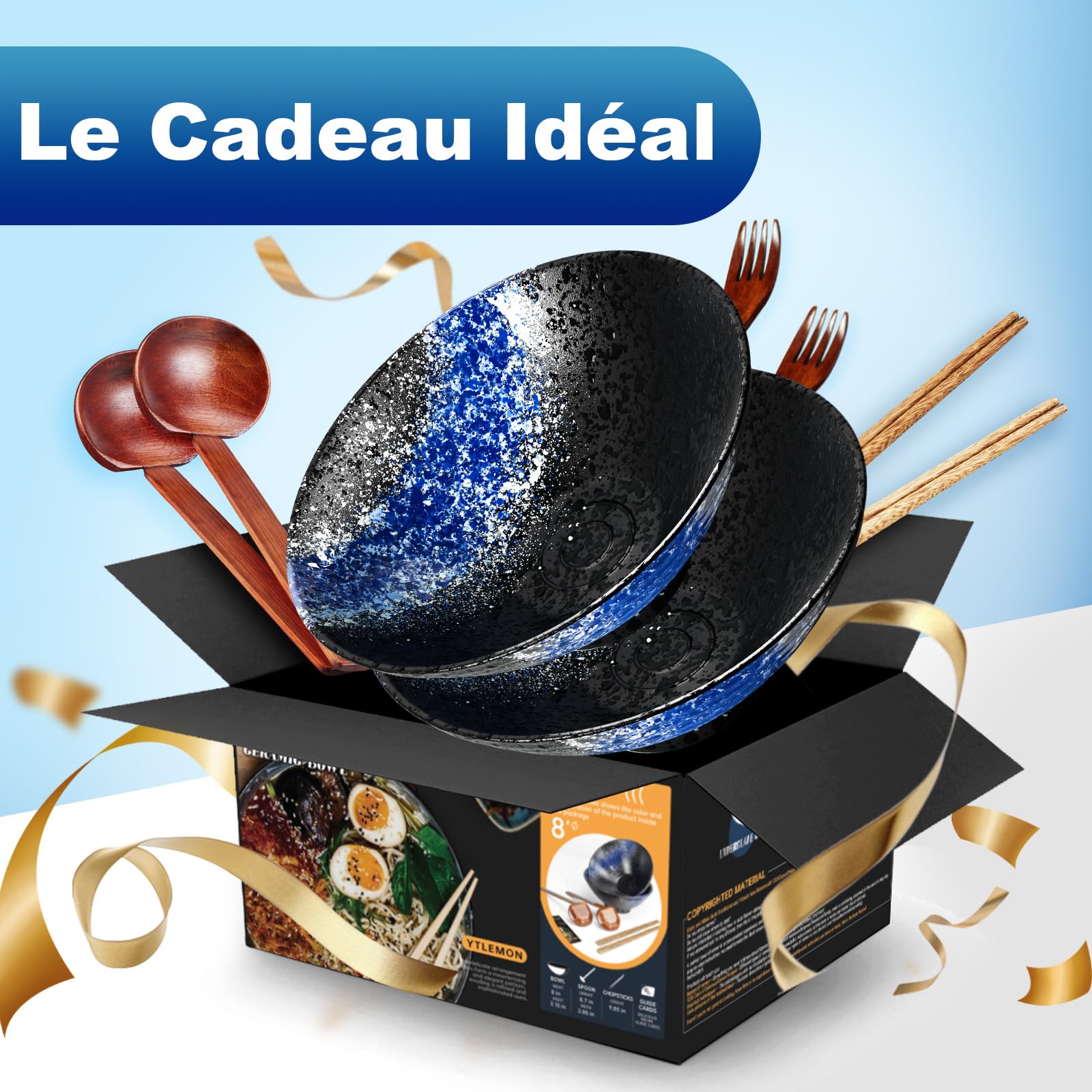 8 Pouces Ensemble De 2 Bols Ramen En Céramique (9 Pièces), Compatible Lave Vaisselle Vaisselle Japonaise Avec Fourchette Baguettes Et Cuillère Bol à Soupe Pour Pâtes Salade Cadeaux Pour Hommes Femmes