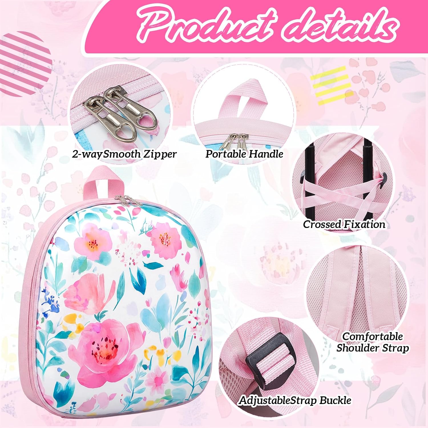 Sanwuta 4 Pcs Kids Luggage Set Carry On Rolling Suitcase Backpack Neck Pillow Travel Set Gift for Girls Boys Summer Camp(17 Inch,Flower Style,Pink Green)