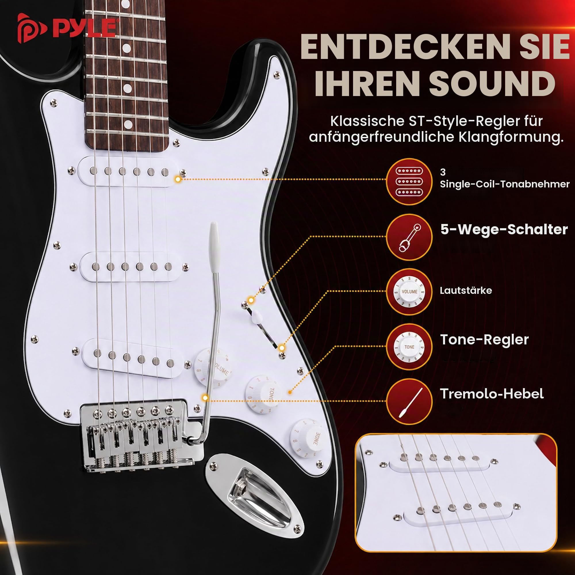 Pyle E-Gitarre Set Anfänger, ST-Gitarrenset mit 5W Verstärker, Gigbag, Gurt und Plektren, 22 Bünde, Schwarz