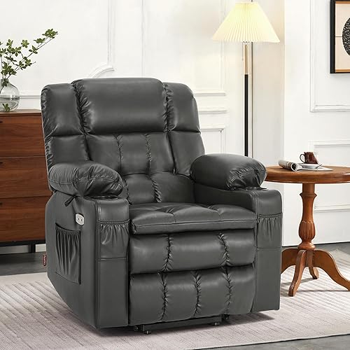 Miniatura 166 de MCombo Silla reclinable eléctrica de doble motor para personas mayores, silla elevadora plana con calor y masaje, portavasos, puertos USB, piel