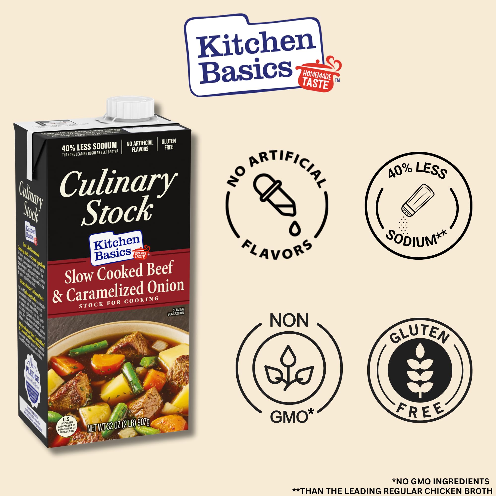 Kitchen Basics Slow Cooked Beef and Onion Culinary Stock, 32 oz. Carton (Pack of 12)