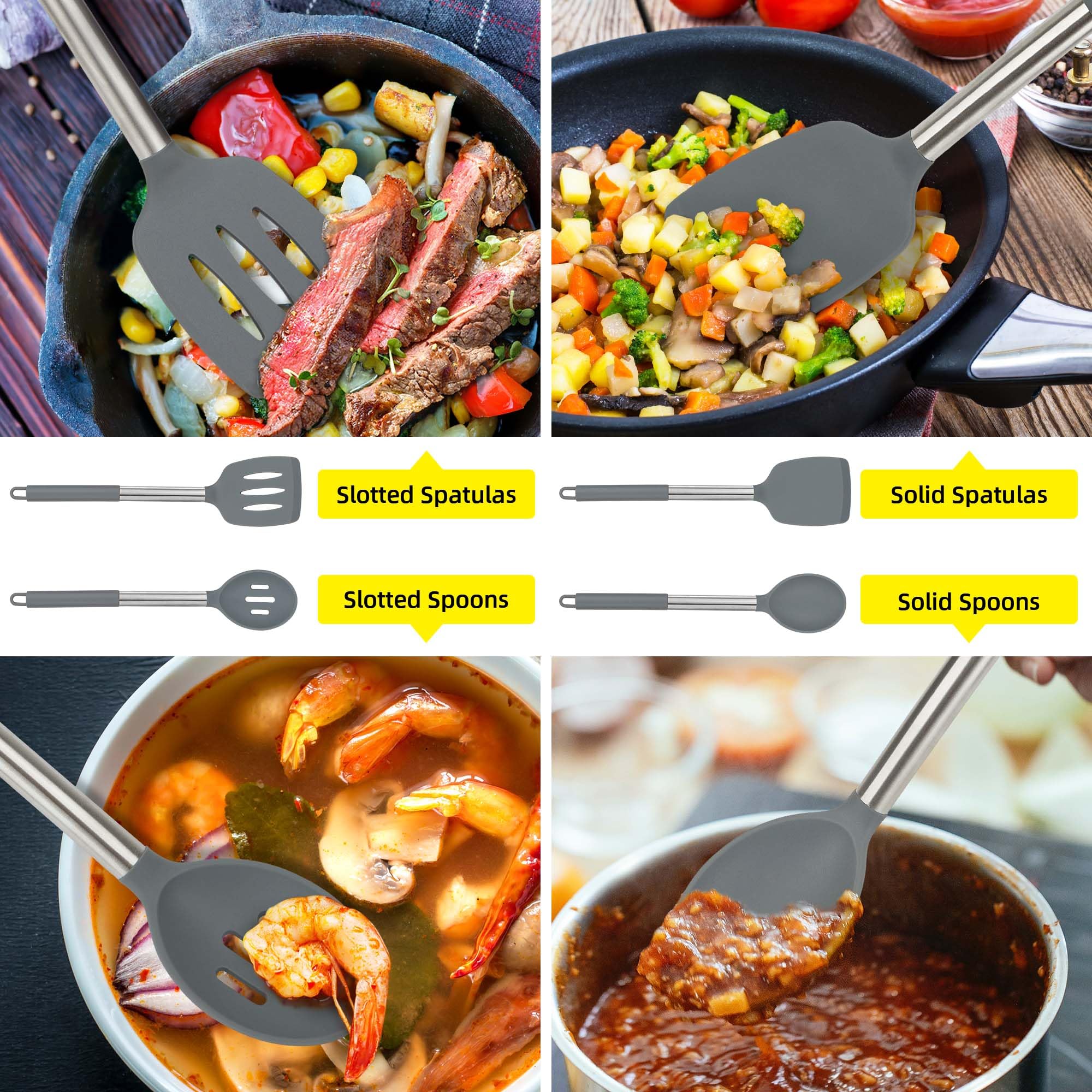 Juego de 4 utensilios de silicona, espátulas sólidas antiadherentes, cucharas ranuradas con mango de acero inoxidable, espátulas para cocinar, freír, mezclar, servir, color gris