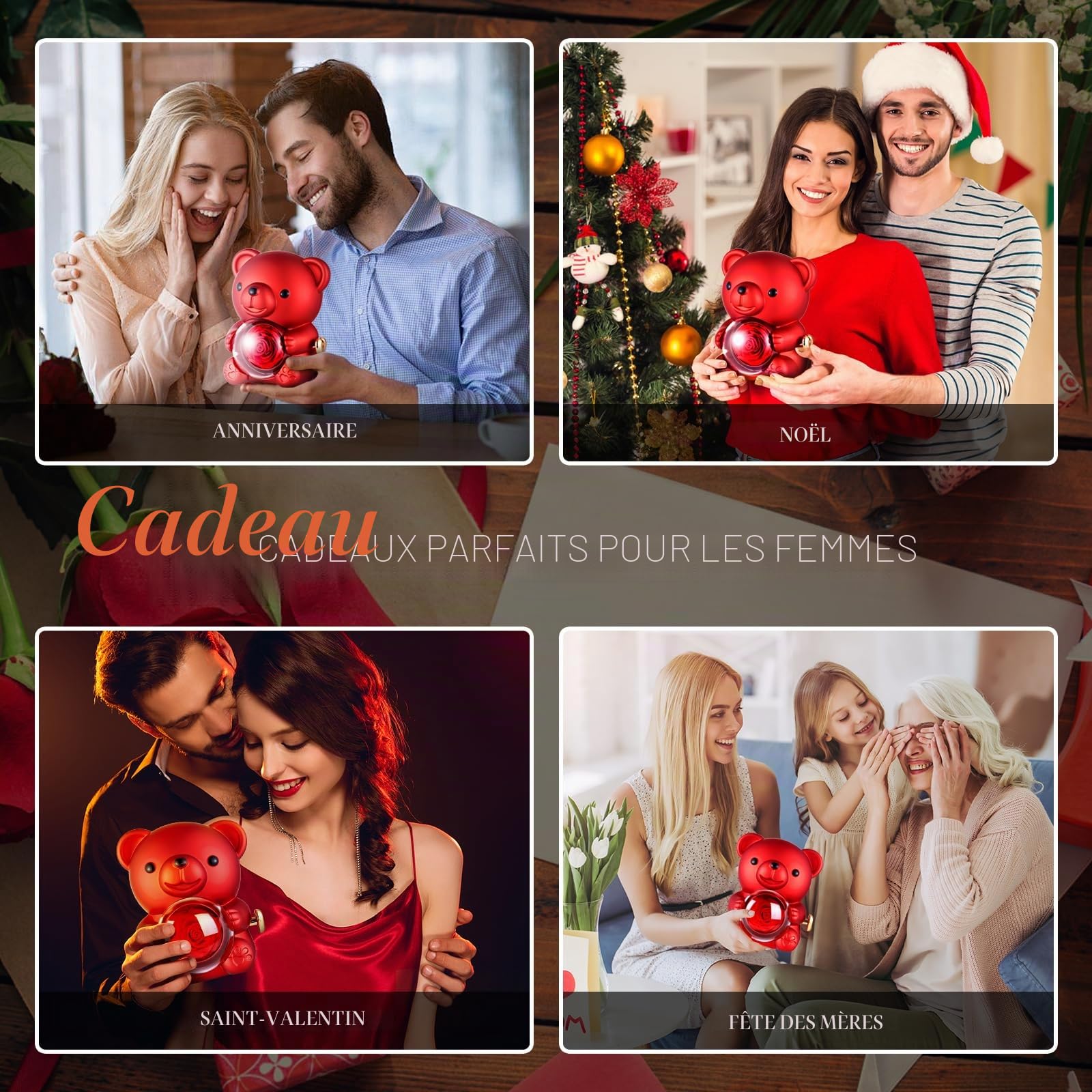 GOICC Rose Eternelle Ours Fête des Mères Idee Cadeau Original avec Collier pour Maman Femmes Rose Préservée Vraie Fleur avec Écharpes pour Petite Amie Épouse pour Saint Valentin Anniversaire Noël