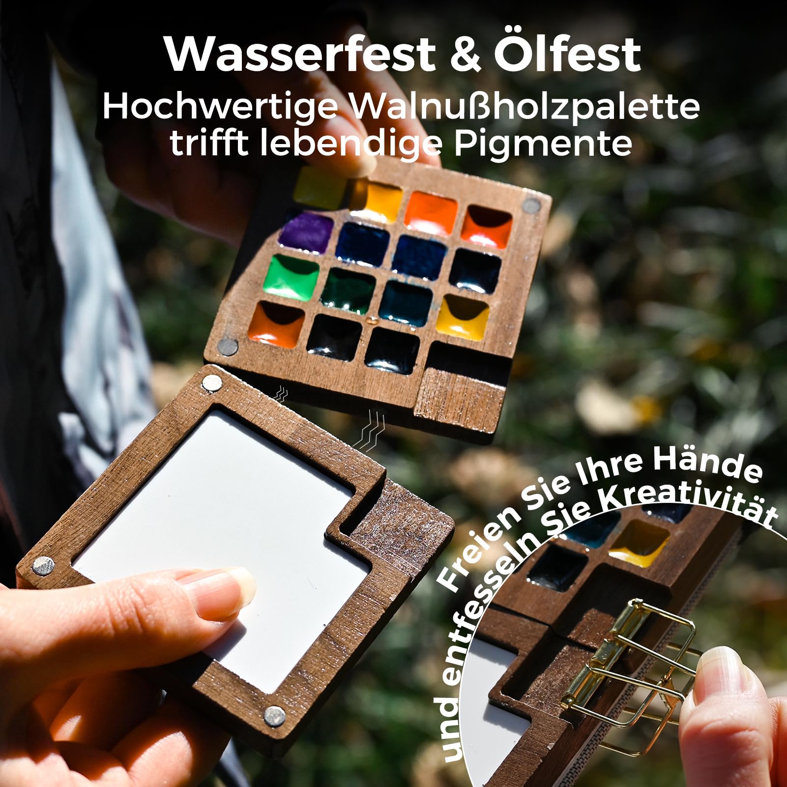 Funto Mini Wasserfarben-Set, All-In-One Nussholz 8-Farben Premium Pocket Travel Paint Kit, mit Crossbody-Tasche, Wasserfarben-Tagebuch, Metallklammer, Malwassertasse