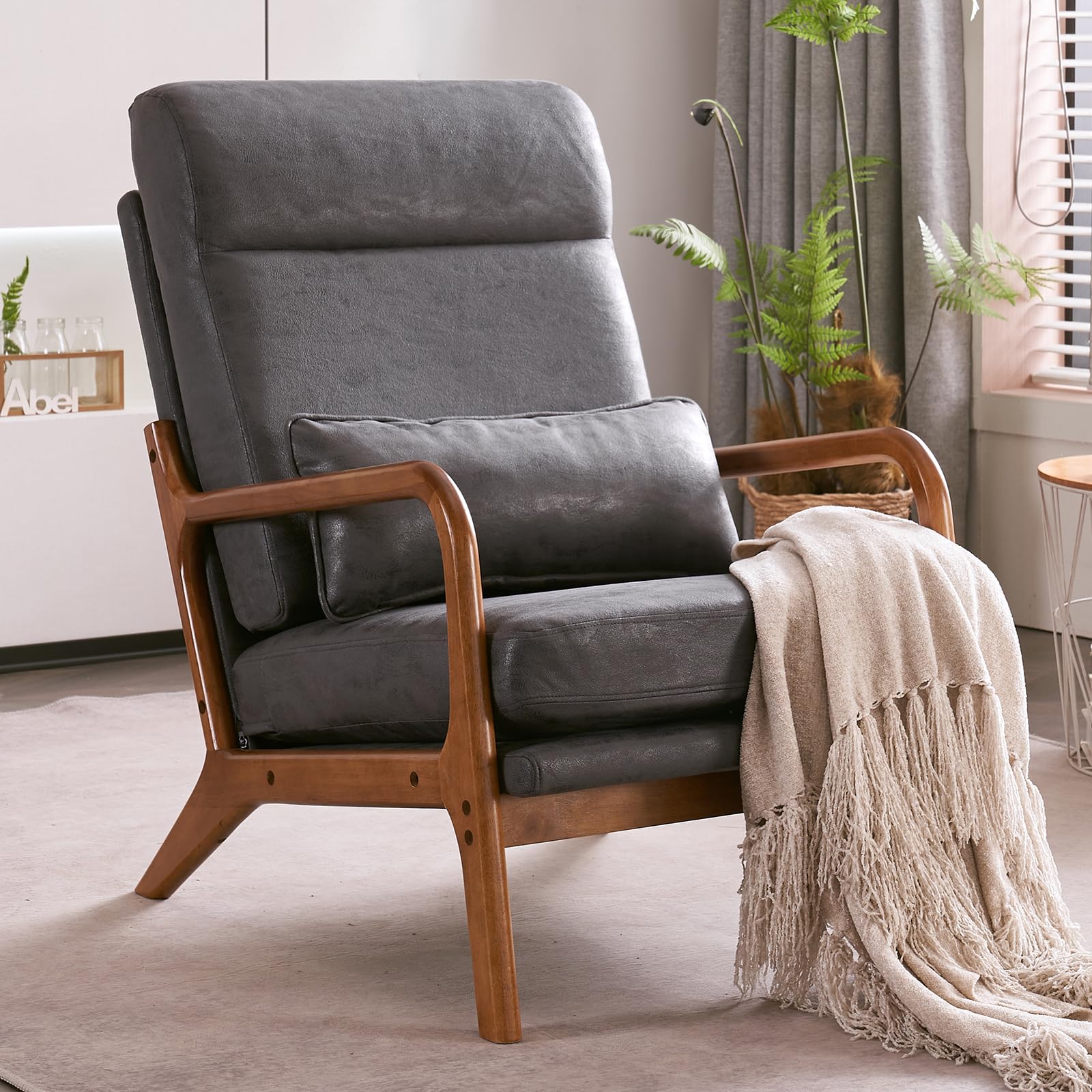 LEADZM Sessel Loungesessel, Armlehnstuhl Armlehnensessel Polstersessel, Armlehnen mit Massivholzrahmen, Lesesessel, Relaxsessel für Wohnzimmer, Schlafzimmer (Dunkelgrau)