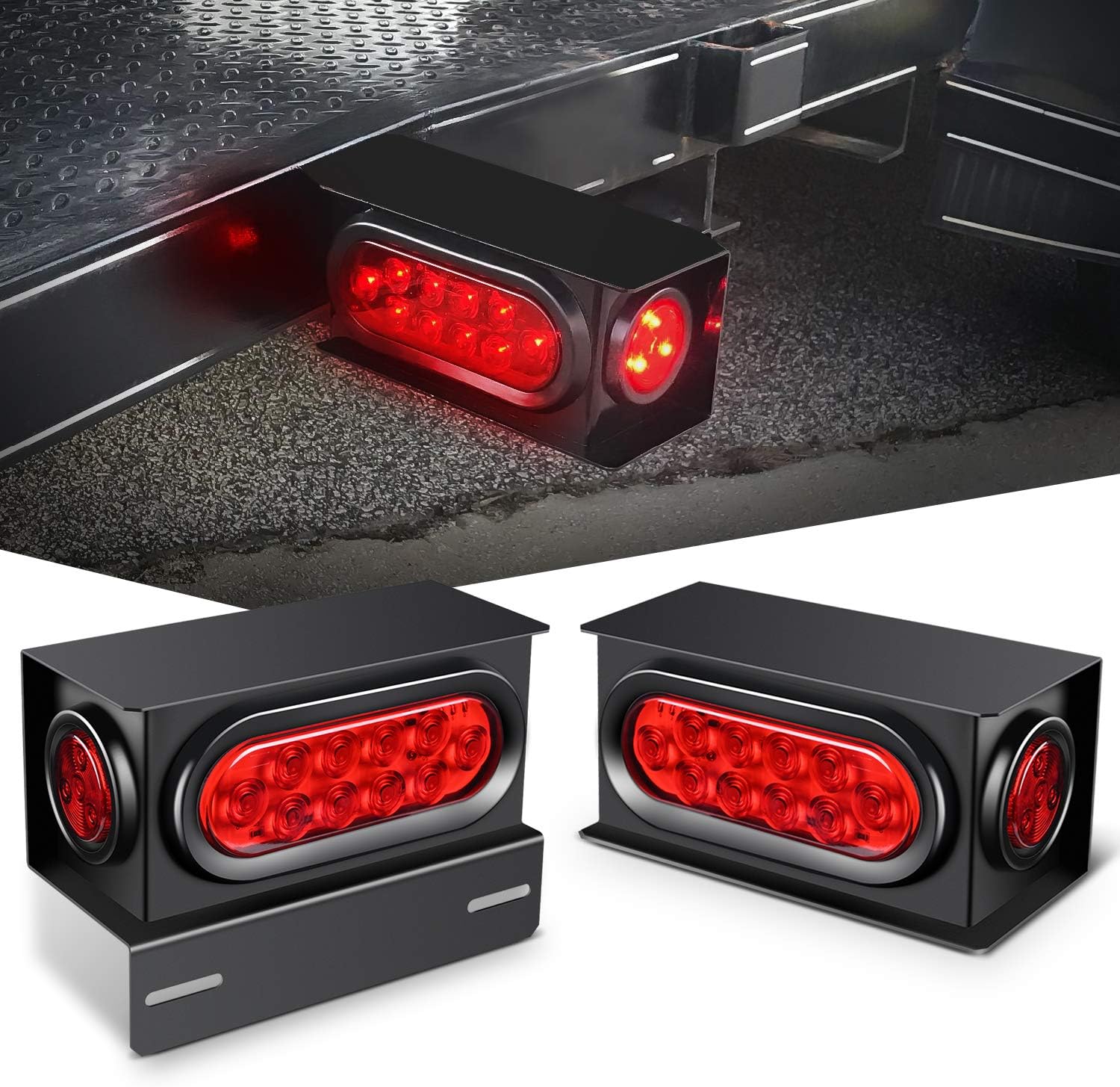 Nilight - Tl-34 2Pcs Steel Trailer Light Boxes Housing Kit W/6Inch Oval Red Led Tail Lights 2 Inch Round Side Marker W/Grommet Plugs Wire Connectors, Years Warranty