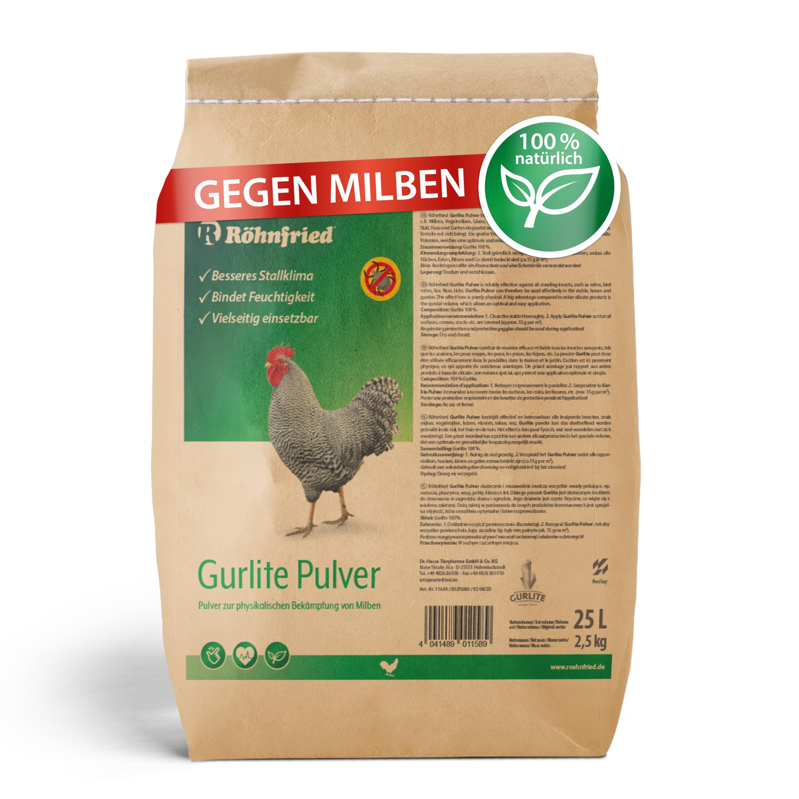 Röhnfried Gurlite® Pulver - 25 L - Effektiver Schutz gegen rote Milbe, Vogelmilben, Läusen, Flöhe, Zecken & Parasiten - Naturprodukt für den Hühnerstall - für Hühner, Wachteln & anderes Geflügel