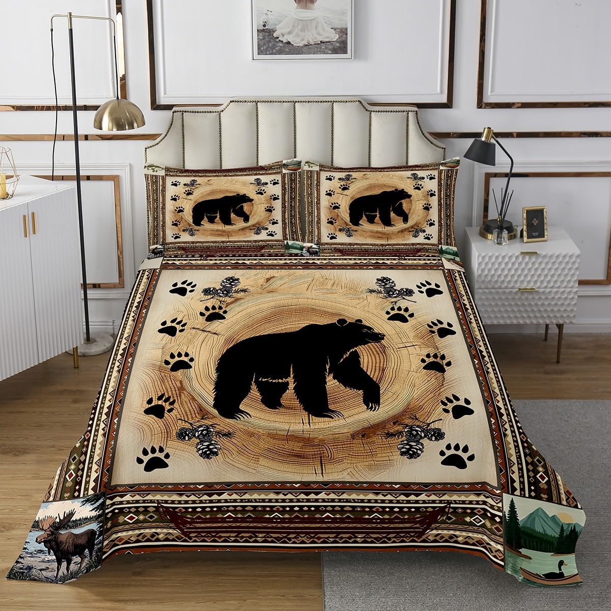 jejeloiu Retro Brown Bear Deer Paw Prints Bedspread Cabin Forest Pine Nut Trees Coverlet Set Queen Size for Kids Boys Girl Striped Boho Quilted Coverlet Southwestern Geometric Quilted Bedroom Decor