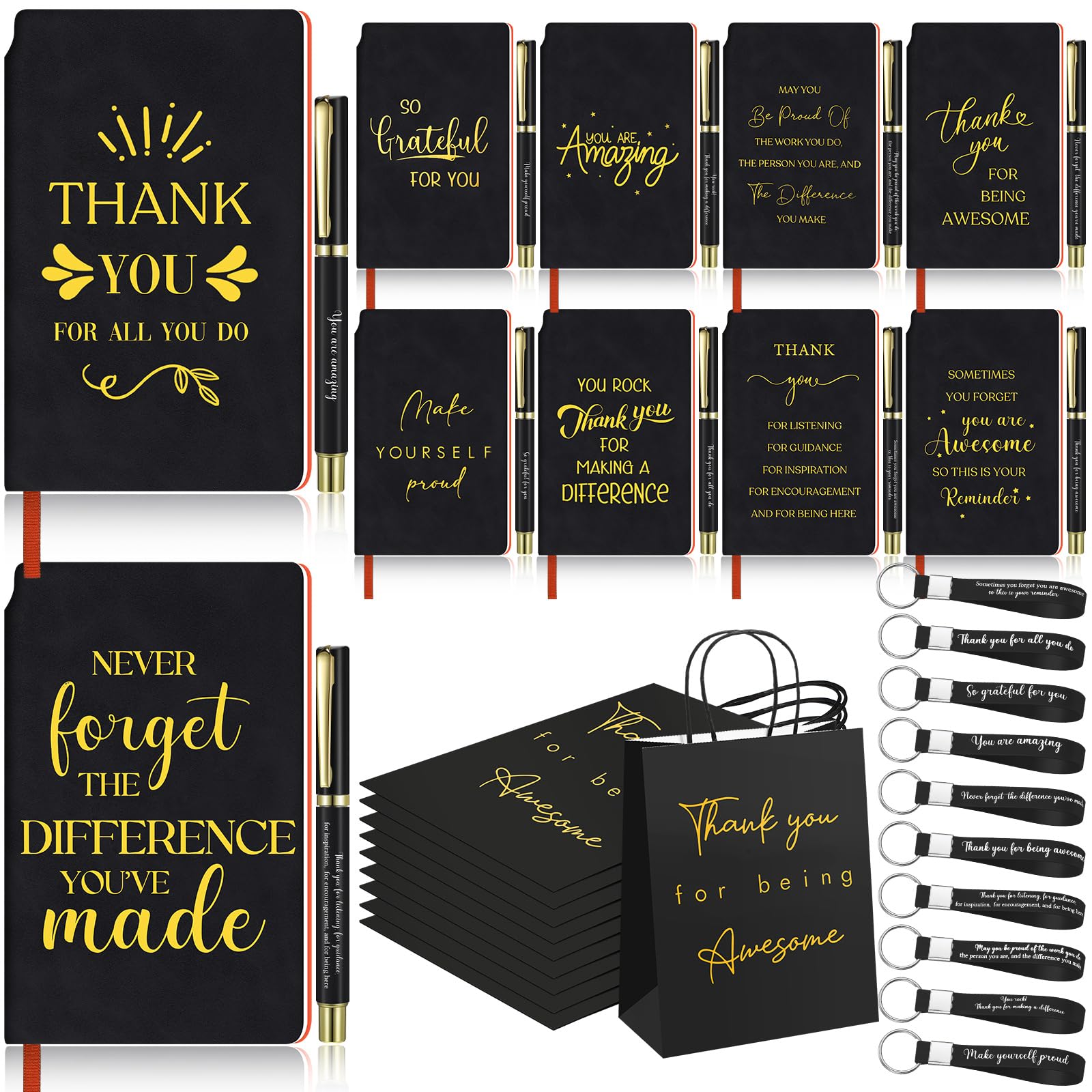 AmazingSpark 10 Sets Christmas Thank You Pen and Notebook Gift Sets Bulk Employee Appreciation Gifts Inspirational Keychains and Bags for Office
