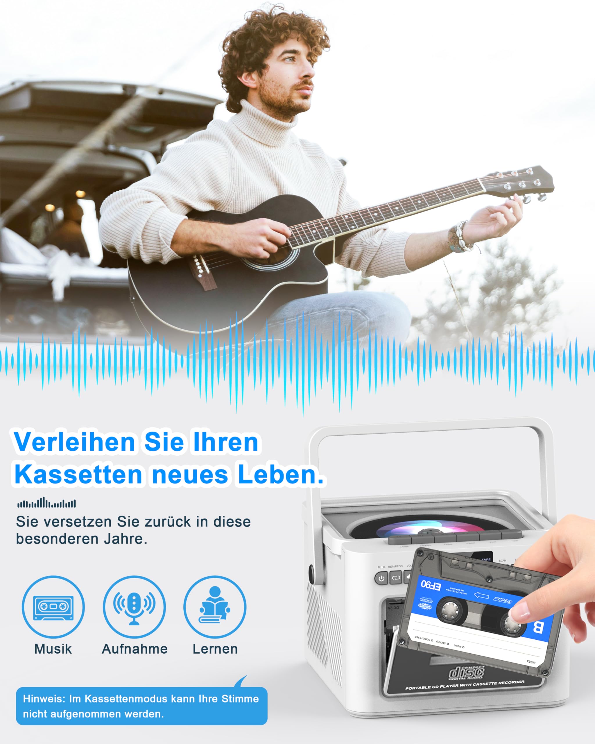 Greadio Lettore CD Portatile, Boombox con Lettore di Cassette e Radio FM, Bluetooth 5.1, Batteria Ricaricabile da 5000mAh, Telecomando, Ingresso AUX/USB/Scheda SD, Altoparlante da 5W, Schermo LED