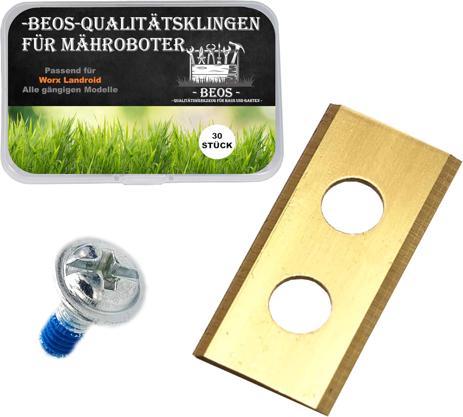BEOS® 30 cuchillas de repuesto premium de titanio + tornillos con seguridad - Cuchillas de repuesto para marcas premium Worx, LandXcape, Zoef Robot, Einhell, Kress - Grosor de la hoja de 0,9 mm