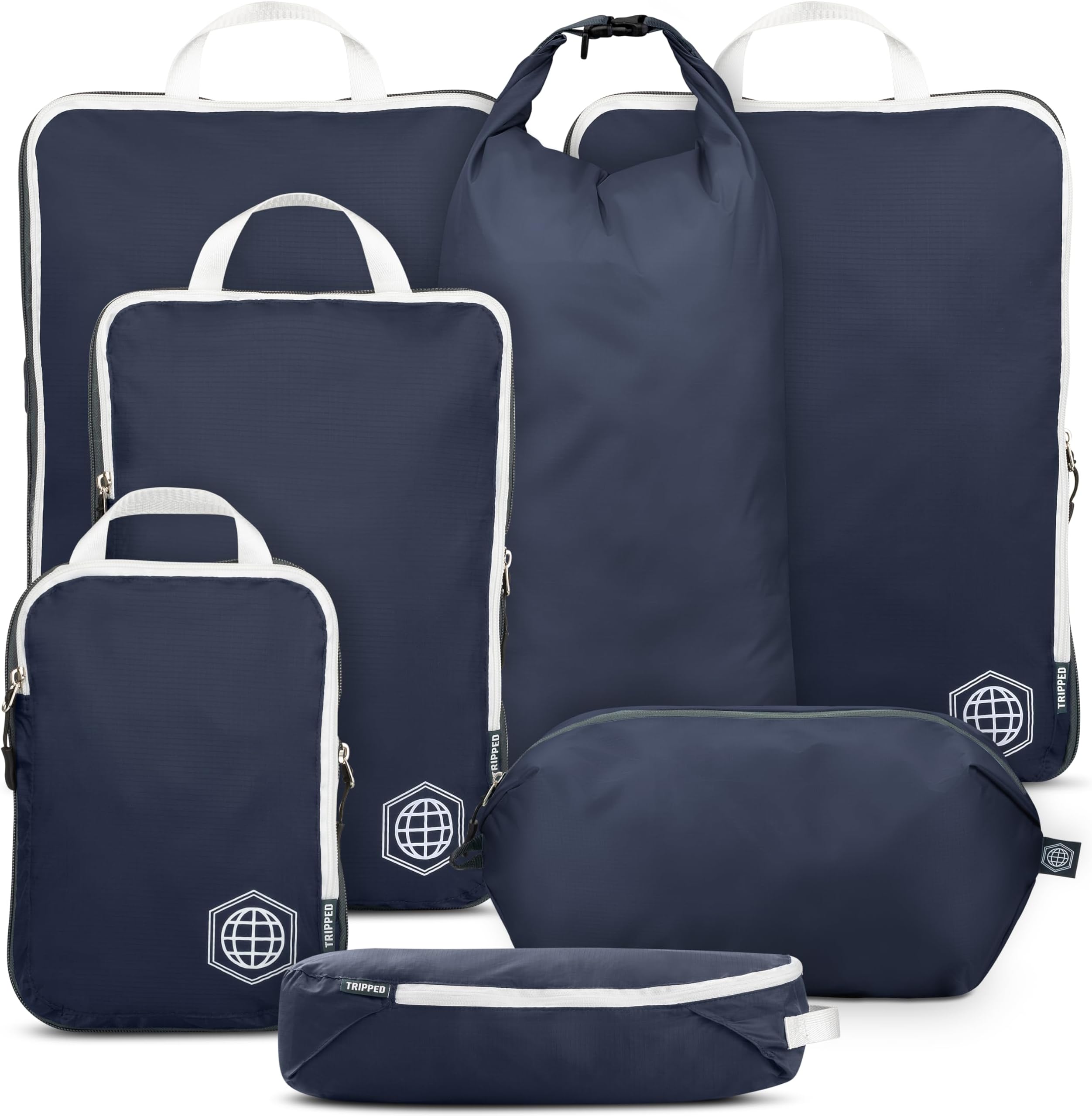 Large Compression Packing Cubes for Travel-Packing Cube Luggage Organizers 7 Piece Set for Checked Luggage-Ultralight, Expandable/Compression Bags by TRIPPED Travel Gear (Navy/White)