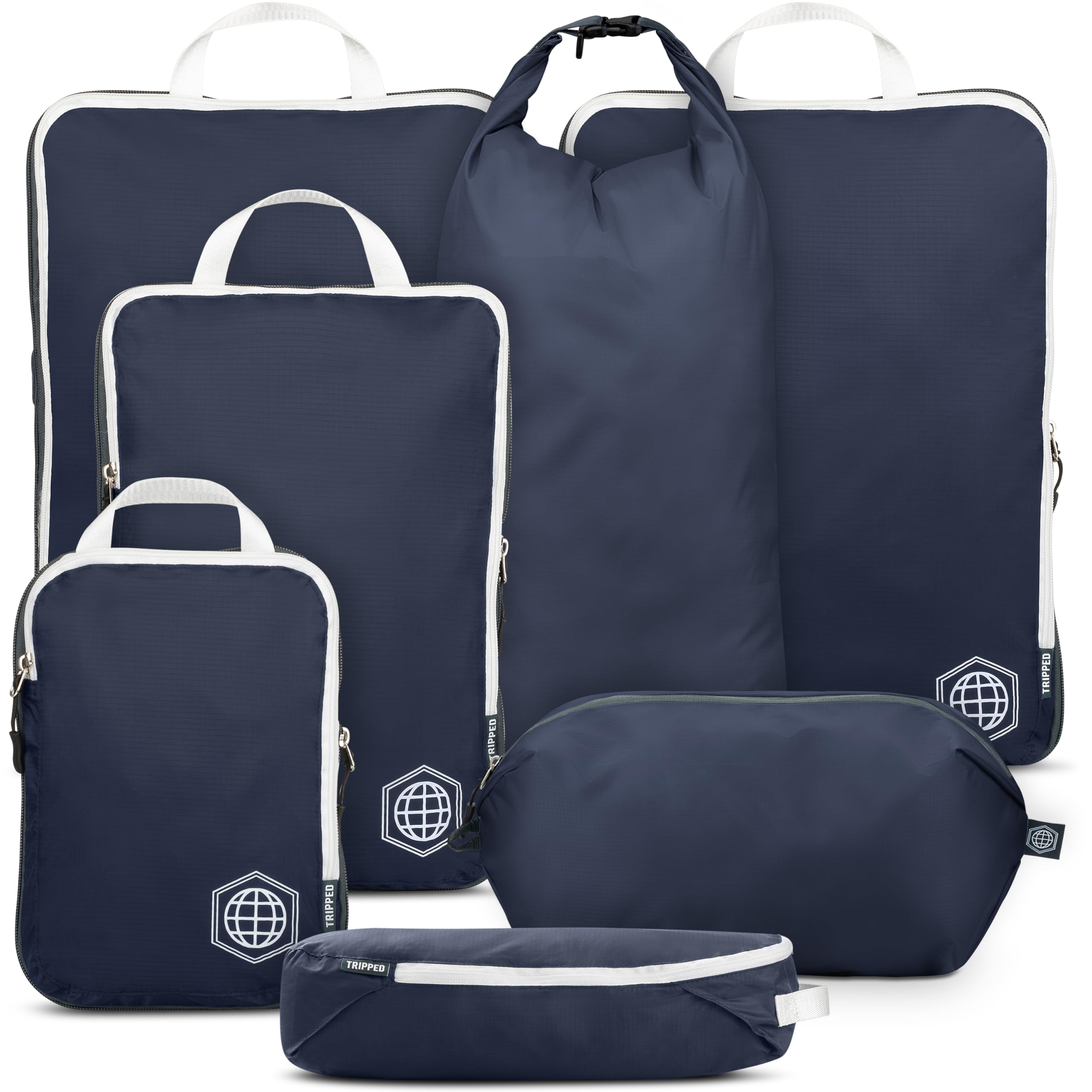 Extra Large Compression Packing Cubes for Travel-Extra Large Packaging Cube Luggage Organizers 7 Piece Set-Ultralight, Expandable/Compression Bags for Clothes (Navy/White))-image-45