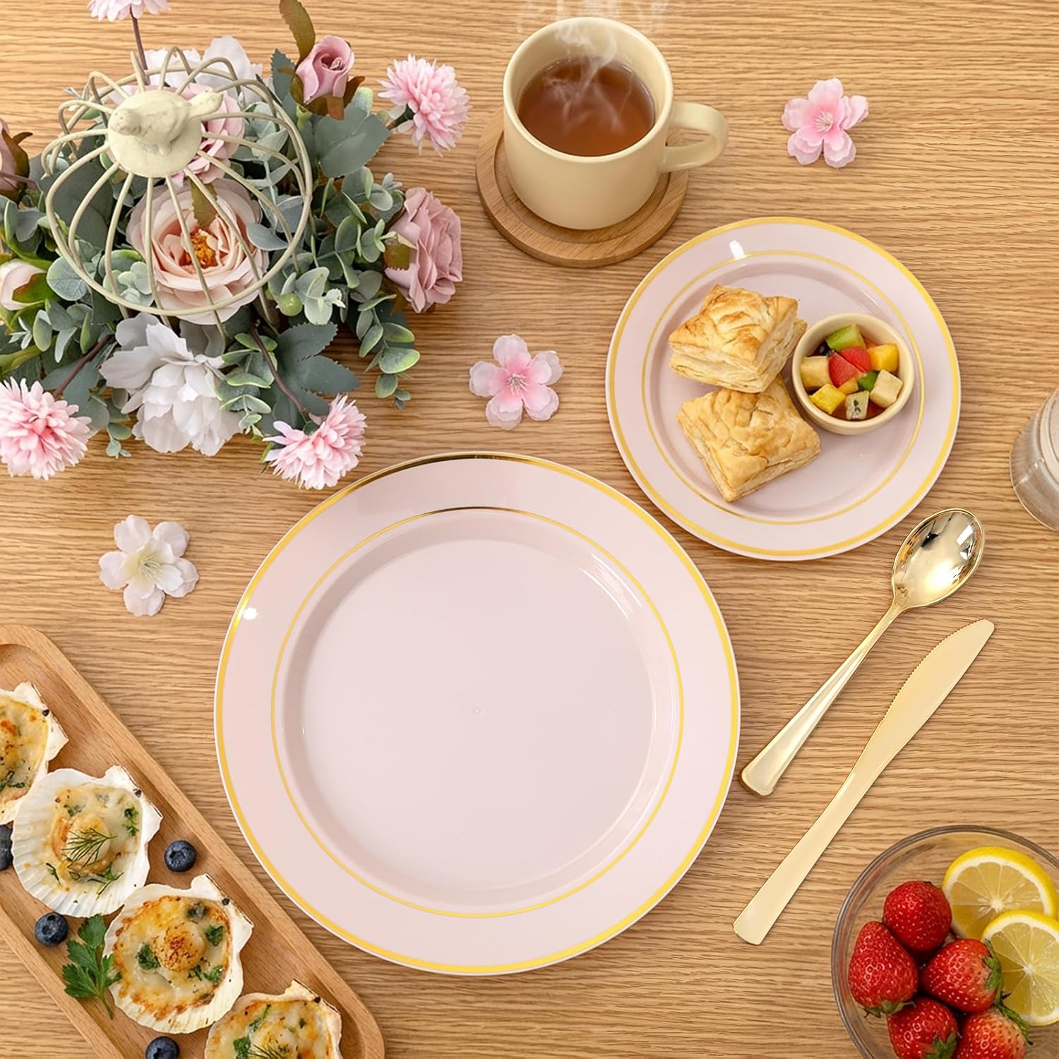 350PCS Pink Disposable Plates - Pink Plastic Plates 50Guests Plastic Dinnerware Sets with Rolled Napkins for Wedding/Birthday/Baby shower/Easter - Image 6