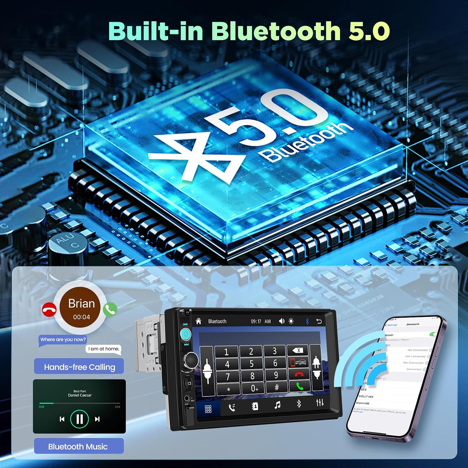 NHOPEEW car stereo displaying Bluetooth 5.0 connectivity for hands-free calling and music streaming, with a smartphone shown connected.