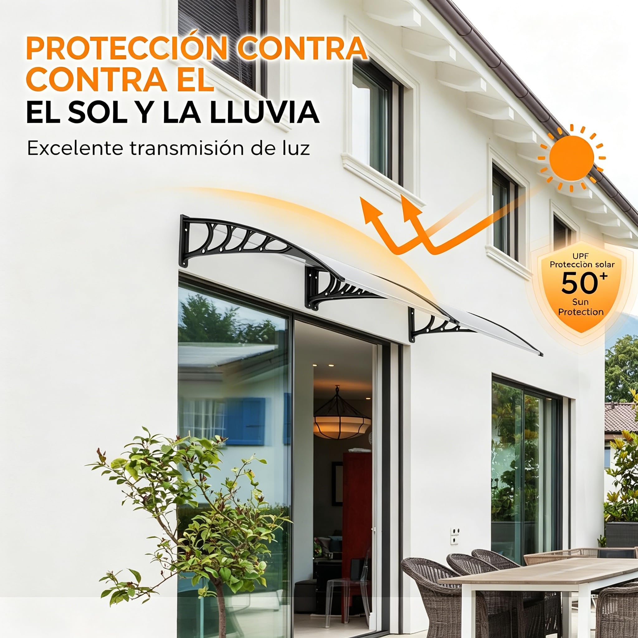 Garvee Marquesina Exterior de Policarbonato Tejadillo para Puerta y Ventana Cubierta Protectora contra Lluvia Nieve y Rayos UV Diseño Moderno Arqueado para Fachada (Marrón, 80x120cm)