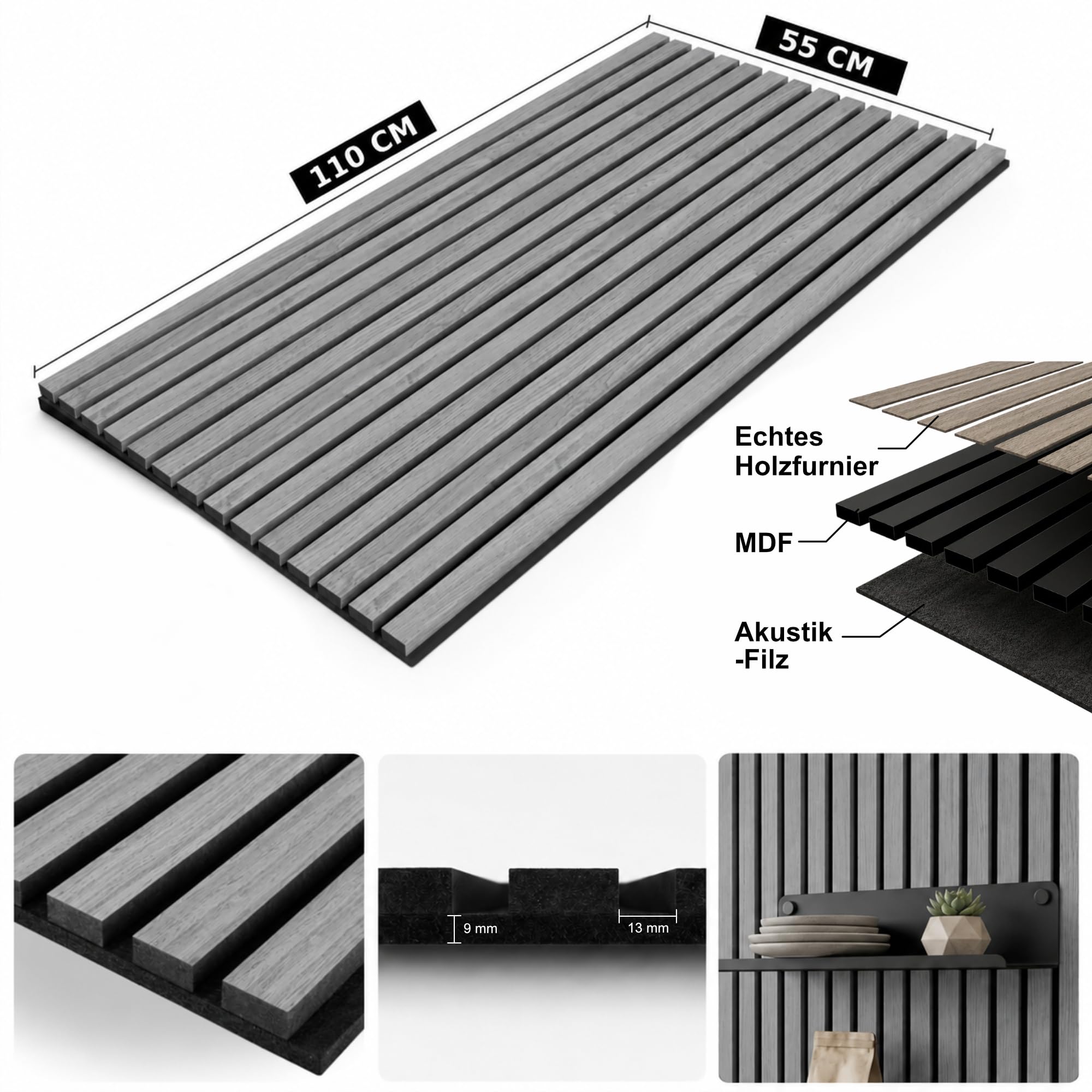 HOME LOVE Akustikpaneele Holz 2er Set 110x55 cm – Grau mit schwarzem Filz | Wandpaneele Holzoptik 3D | Akustik Paneele Grau | Holzpaneele Wand | Wandverkleidung Innen