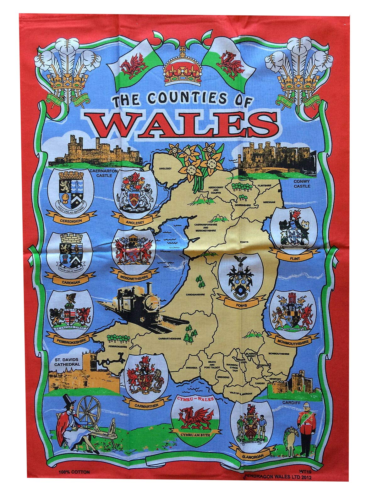 Fashion Review Red Gimbles® New Wales 100% Cotton Cymru Am Byth Recipe Castles, Counties Dragon Flag Souvenir Tea Towels (Counties 035)
