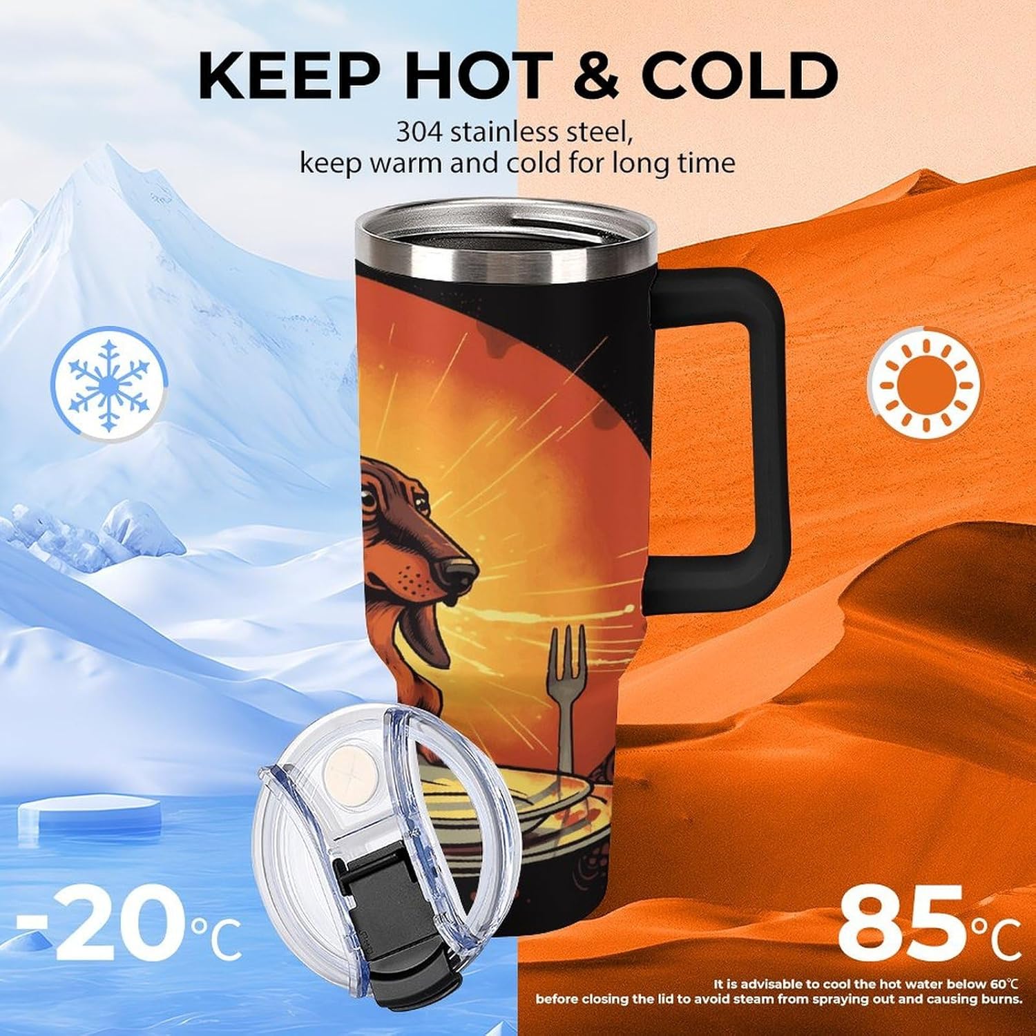 Dachshund Looking at Plate Travel Coffee Mug Reusable Durable Stainless Steel Insulated Tumbler with Handle And Straw Leak Resistant Portable Thermal Cup Gifts for Men Women 40 Oz