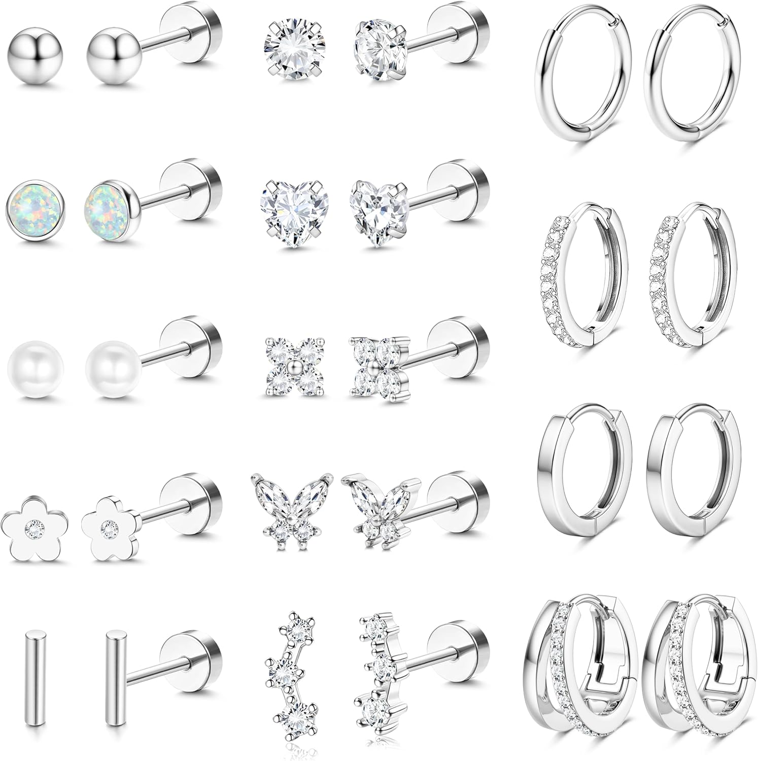 BESTEEL Hypoallergenic Flat Back Earrings - 14K Gold Plated Cartilage Earring Sets 20G Surgical Stainless Steel Earrings for Women Small Hoop Flatback Stud Earring Stacks Helix Conch Tragus Piercing Jewelry