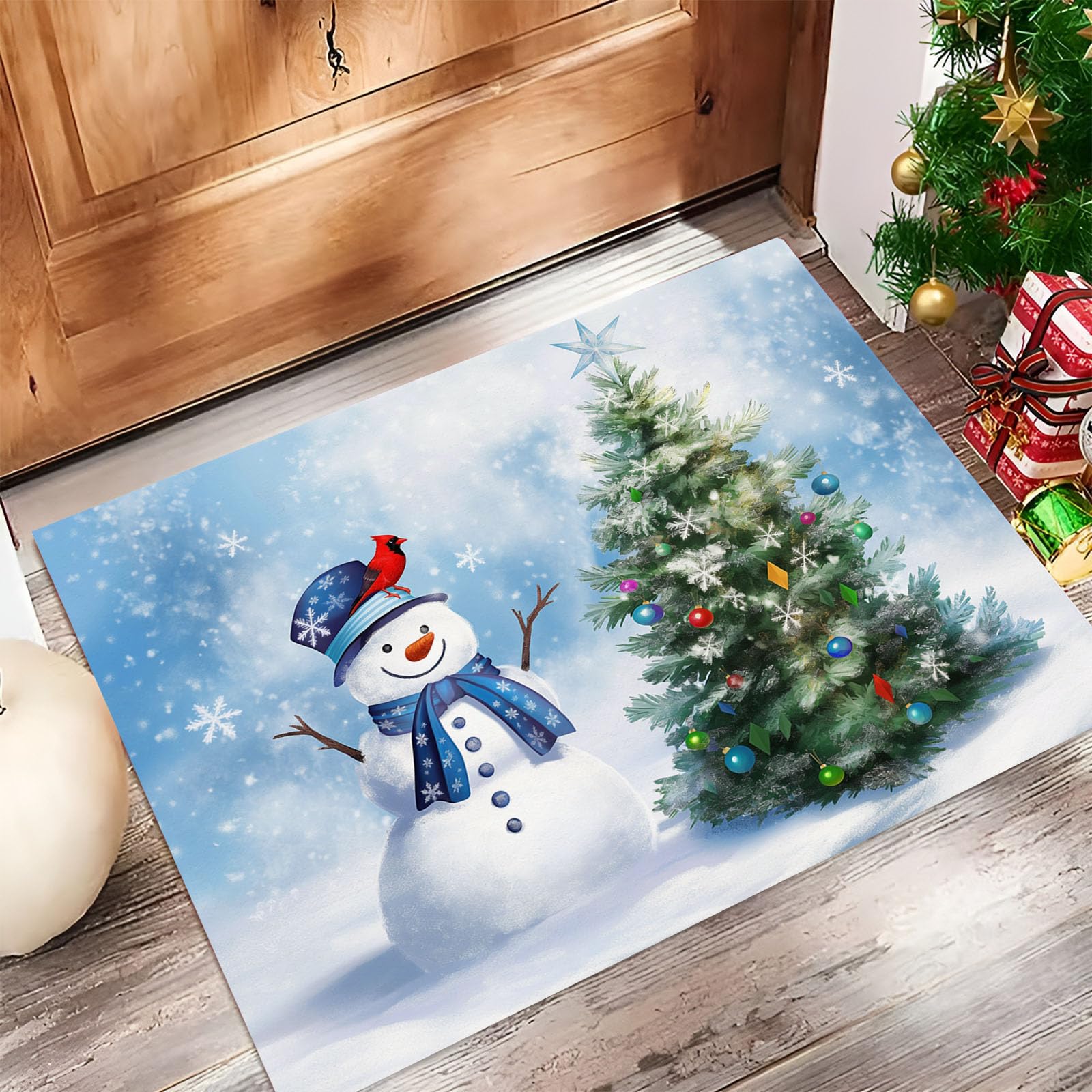 Felpudo Tema Navideño, 90x150cm Alfombra Puerta Muñeco Nieve Árbol Hoja Perenne, Alfombra Navidad Antideslizante para Cocina Pasillo Salón, Felpudo Entrada Casa Decoración