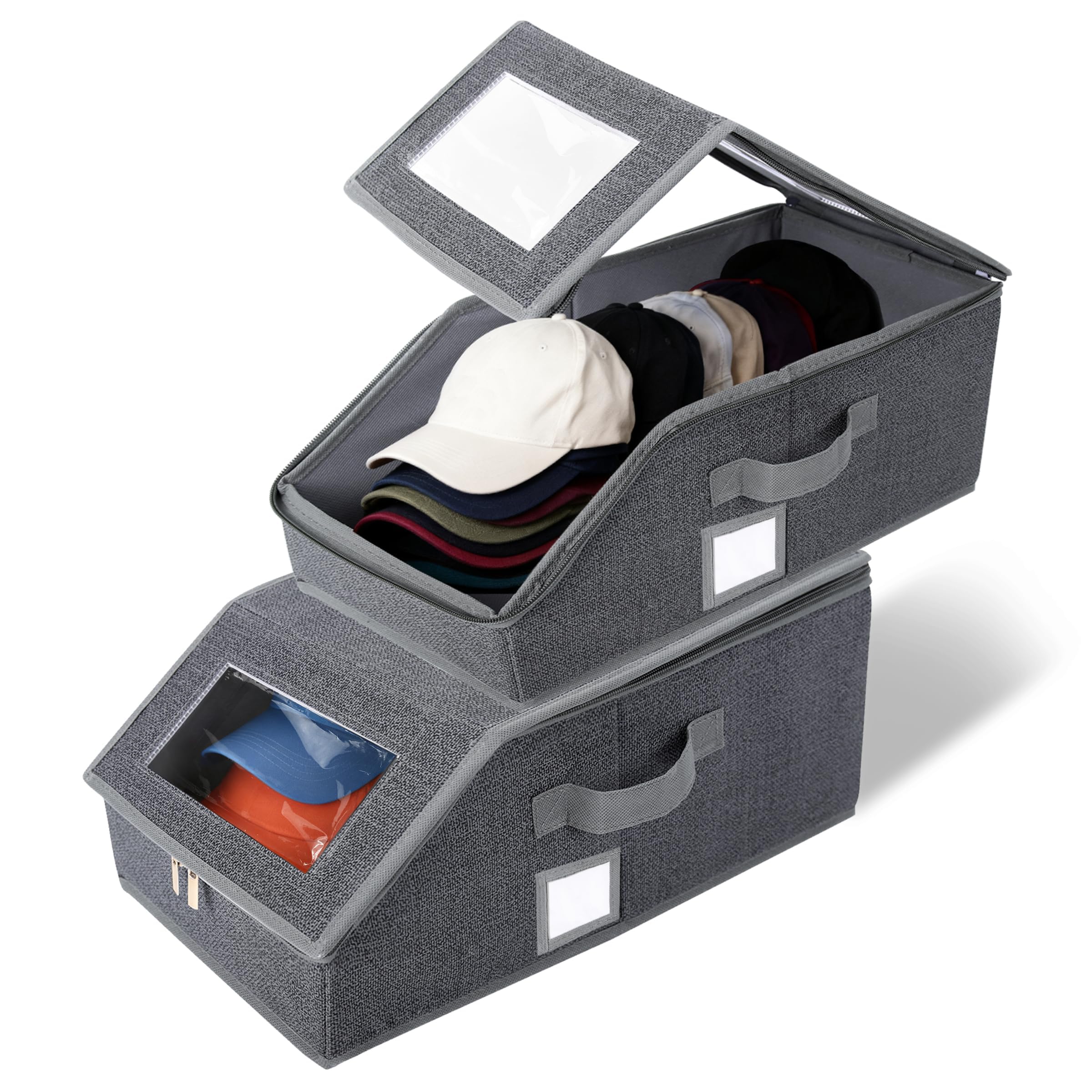 ZHABAYEN 2PCS Stackable Hat Storage for Baseball Caps, Clear Hat Organizer with Cardboard, Holds up to 30 Caps, Breathable Fabric, Space-Saving Box for Closet