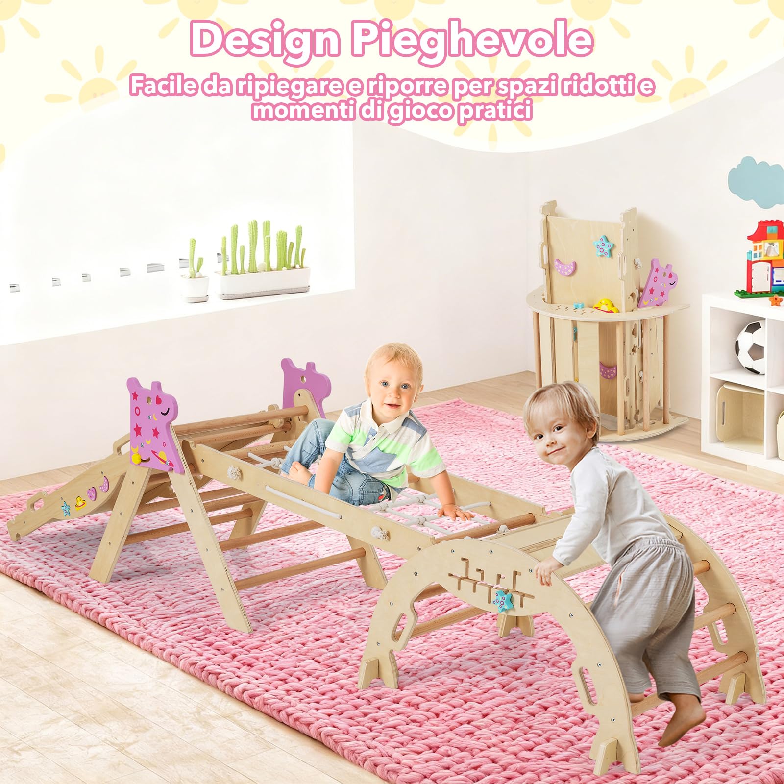 RELAX4LIFE Set da Arrampicata per Bambini, Triangolo di Arrampicata con Scivolo e Arco, Gioco di Incastri in Legno, Gioco Montessori per Bambini 1+ Anni