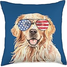 Golden Retriever Dog American Flag Sunglasses Patriotic Throw Pillow