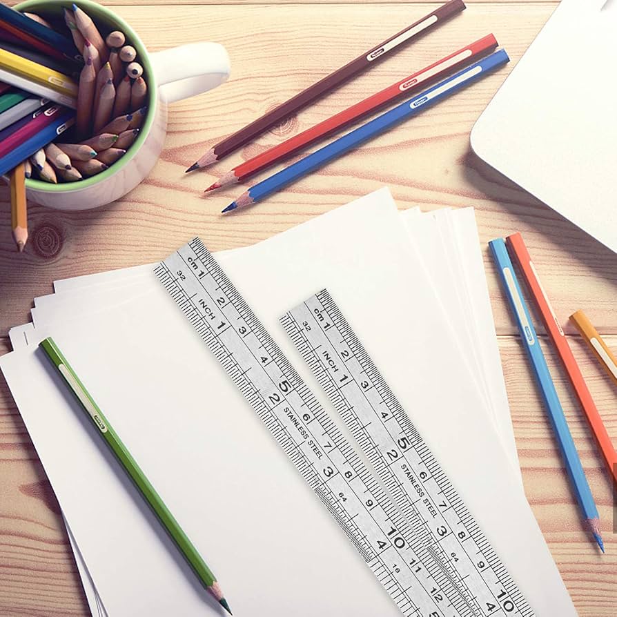 Produktbild von Edelstahl Lineal Set 12 Stück – 15/20/30 Cm, Doppelseitig Mit Cm Und Zoll, Korrosionsbeständig, Mit Aufhängeloch, Für Büro, Zeichnung, Technik, Schule