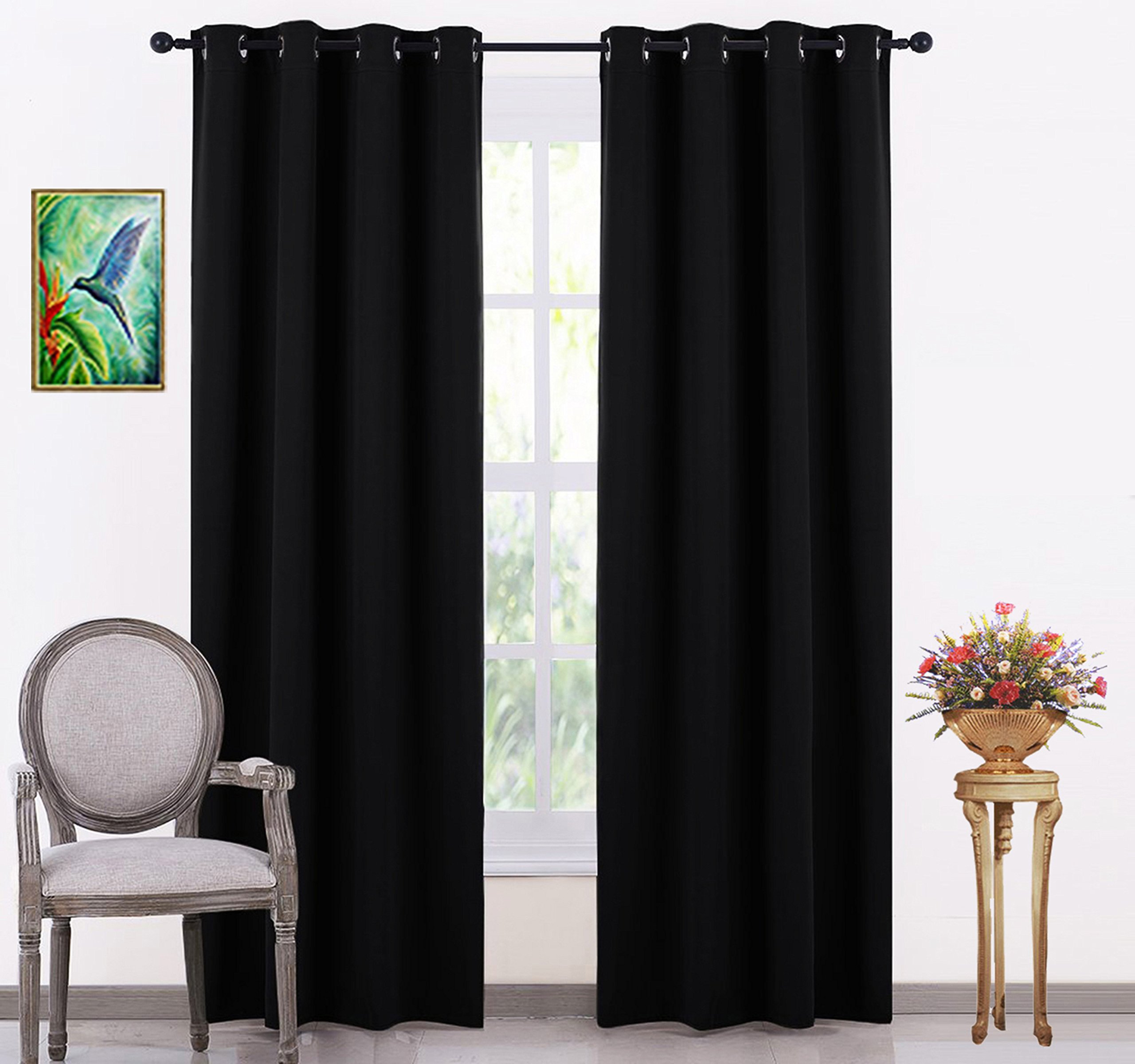 JUPON Curtains Room Darkening Premium Silk Blackout Curtains, 1 Piece Curtain | 7 feet Long - Black