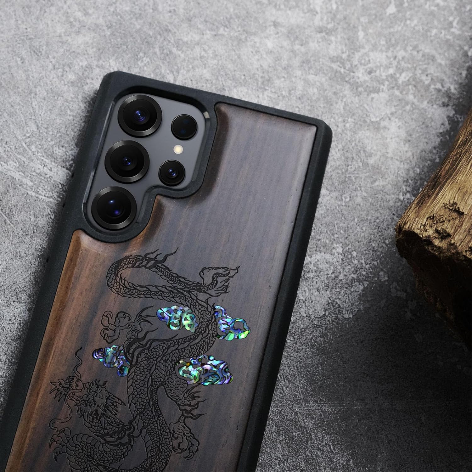 Carveit Magnetic Wooden Case for Samsung Galaxy S25 Ultra Case, Wood Artisan Engraved & Handmade Shell Inlaid, Compatible with MagSafe Wireless Chargers (Majestic Chinese Dragon) Blackwood