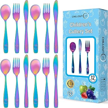 12 Piece Stainless Steel Kids Silverware Set - Kids Utensil Set - Metal Kids Cutlery Set Includes 4 Small Kids Spoons, 4 Forks & 4 Knives - UV Rainbow