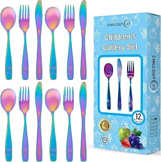 12 Piece Stainless Steel Kids Silverware Set - Child and Toddler Safe Flatware - Kids Utensil Set - Metal Kids Cutlery Set Includes 4 Small Kids Spoons, 4 Forks & 4 Knives - UV Rainbow
