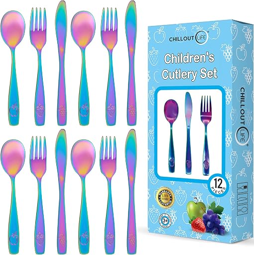 12 Piece Stainless Steel Kids Silverware Set - Child and Toddler Safe Flatware - Kids Utensil Set - Metal Kids Cutlery Set Includes 4 Small Kids Spoons, 4 Forks & 4 Knives - UV Rainbow