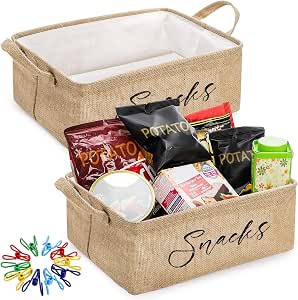 DEAYOU 2 Pack Snack Organizer with 30 Clips, Foldable Burlap Bins with Handles