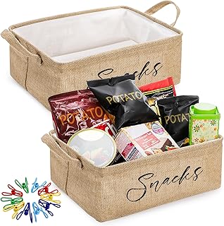 DEAYOU 2 Pack Snack Organizer for Pantry, Burlap Snack Storage Bins with 30 Pcs Bag Clips, Foldable Basket Containers with Handle for Countertop, Kitchen, Office, Chips, Popcorn, Candy, Pretzels