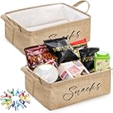 DEAYOU 2 Pack Snack Organizer for Pantry, Burlap Snack Storage Bins with 30 Pcs Bag Clips, Foldable Basket Containers with Handle for Countertop, Kitchen, Office, Chips, Popcorn, Candy, Pretzels