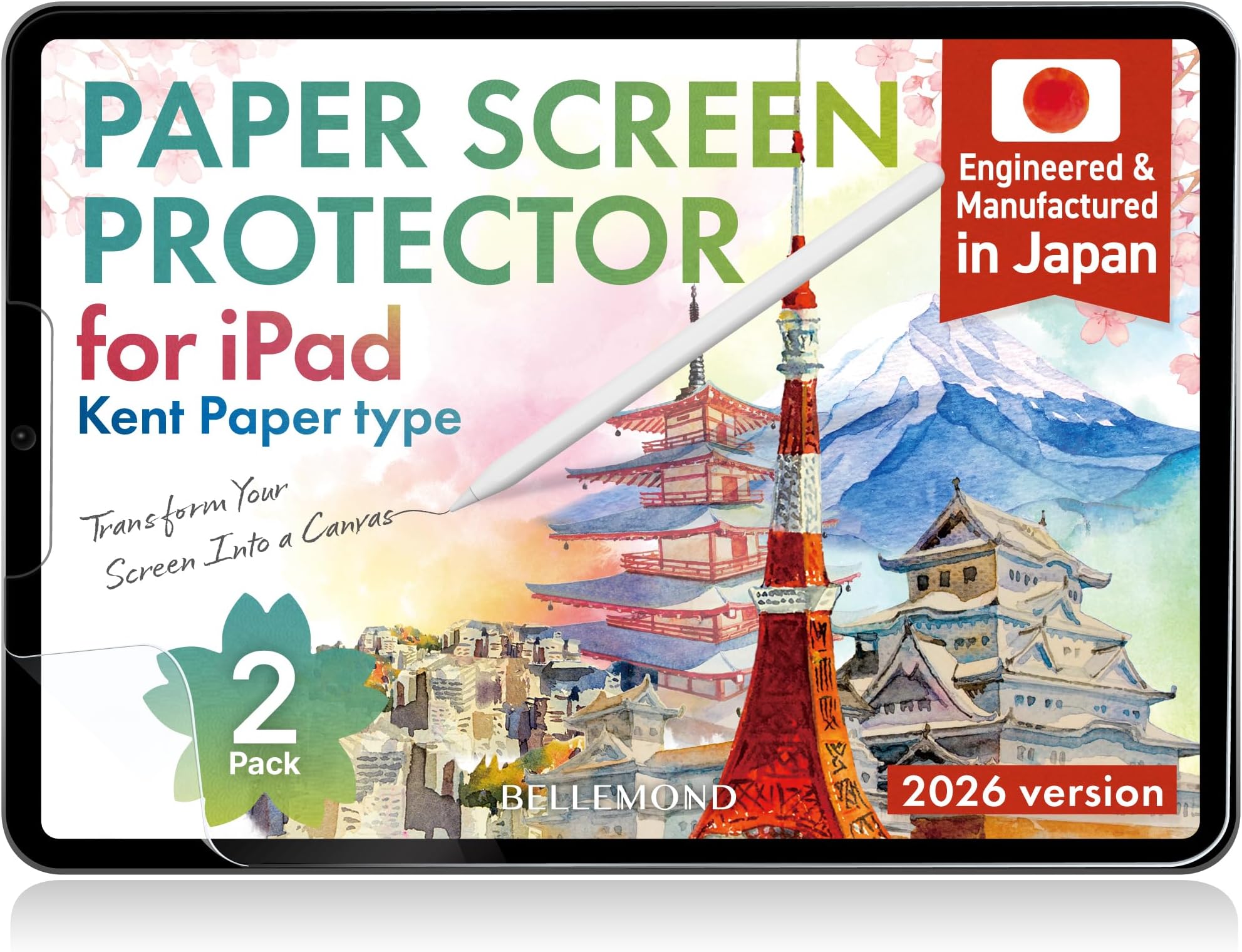 BELLEMOND | 2 Pack Kent Paper Screen Protector for iPad Air 11” (M4/M3/M2) | Smooth Kent Surface PET Film, Reduced Pencil Tip Wear for Sketching & Notes | Designed & Manufactured in Japan