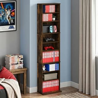 9-Shelf Tall Narrow CD Rack, DVD Storage Cabinets with Adjustable Shelves, Easy Assembly DVD Shelf, Media Shelf for CD Blueray Game Disc, for Home Office, Living Room, Amber Pine