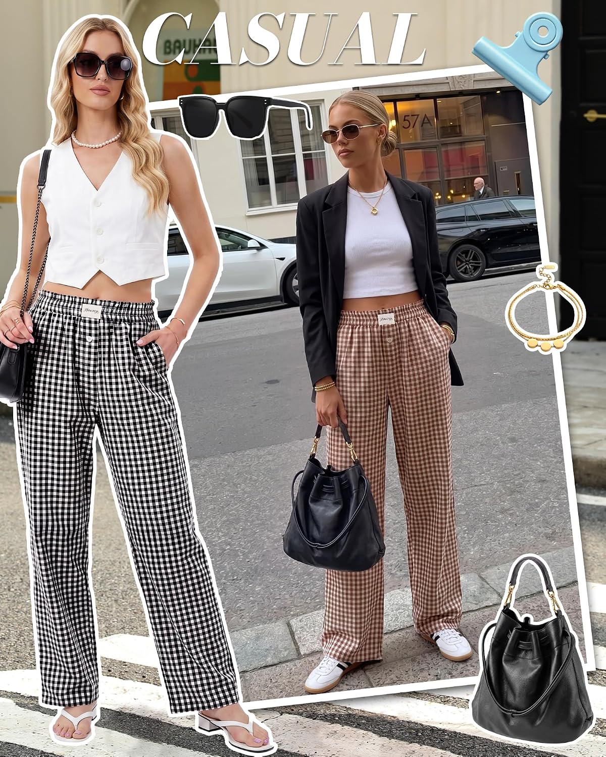 HONGTEYA Women's Cotton Pajama Pants Wide Leg Palazzo Lounge Pants High Waist Plaid Striped Casual Bottoms Summer Pants