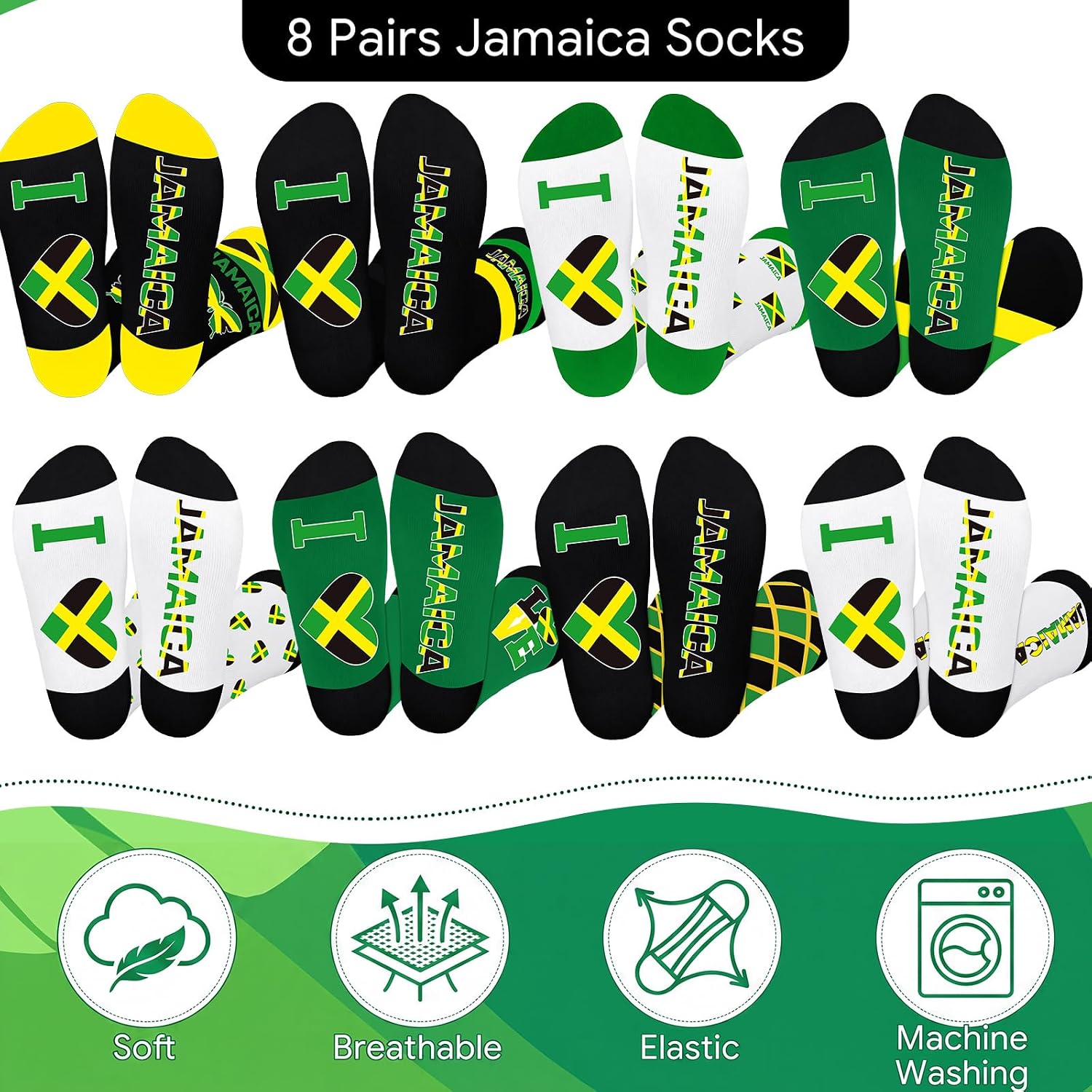 Hercicy 8 Pairs Jamaican Socks for Men Women Jamaican Flag Printed Breathable Cotton Polyester Crew Sock Novelty Jamaica Souvenirs Gifts Patriotic Theme Wear Holiday Party Favors