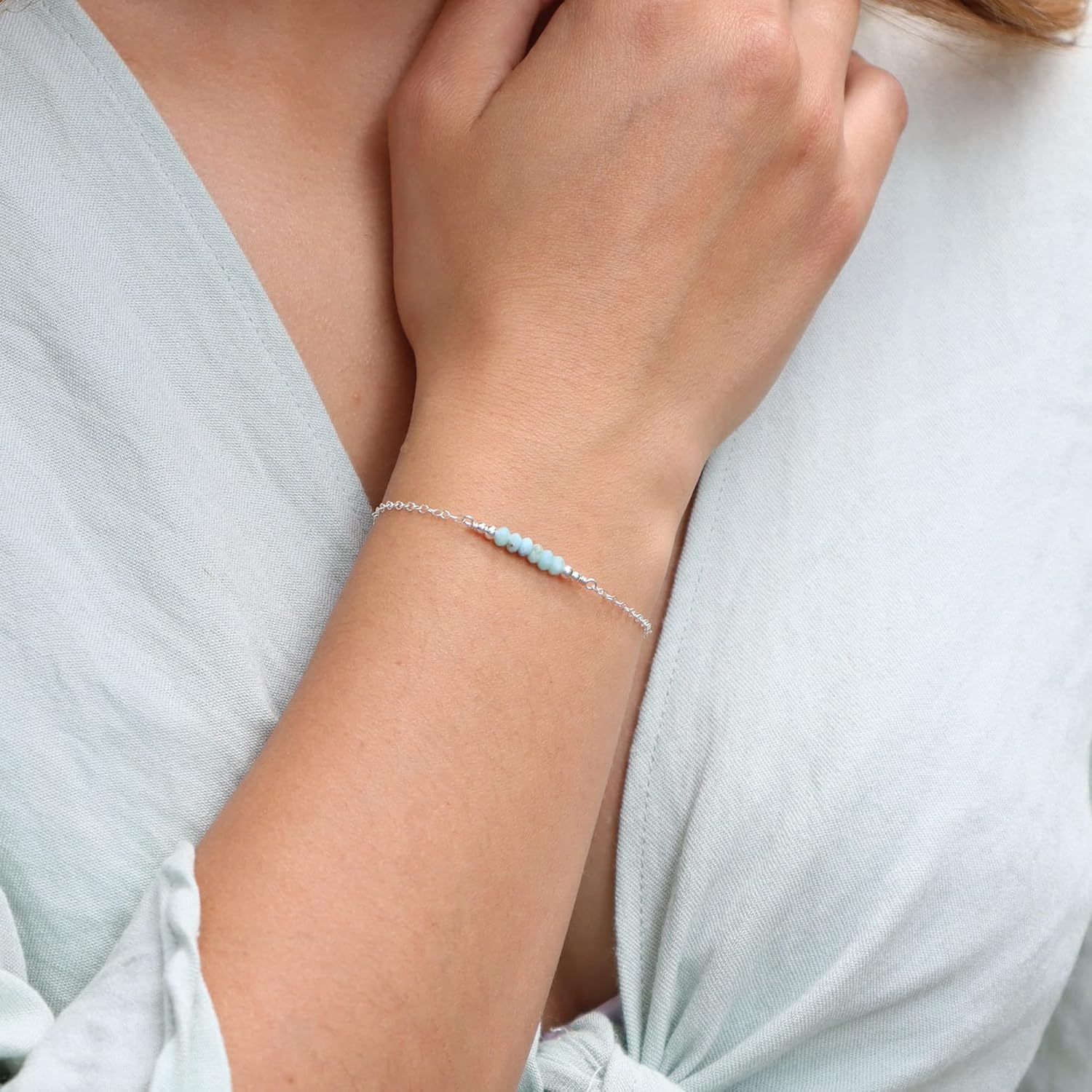 Luna Tide Tiny Sparkling Larimar Faceted Bead Bar Bracelet in Sterling Silver