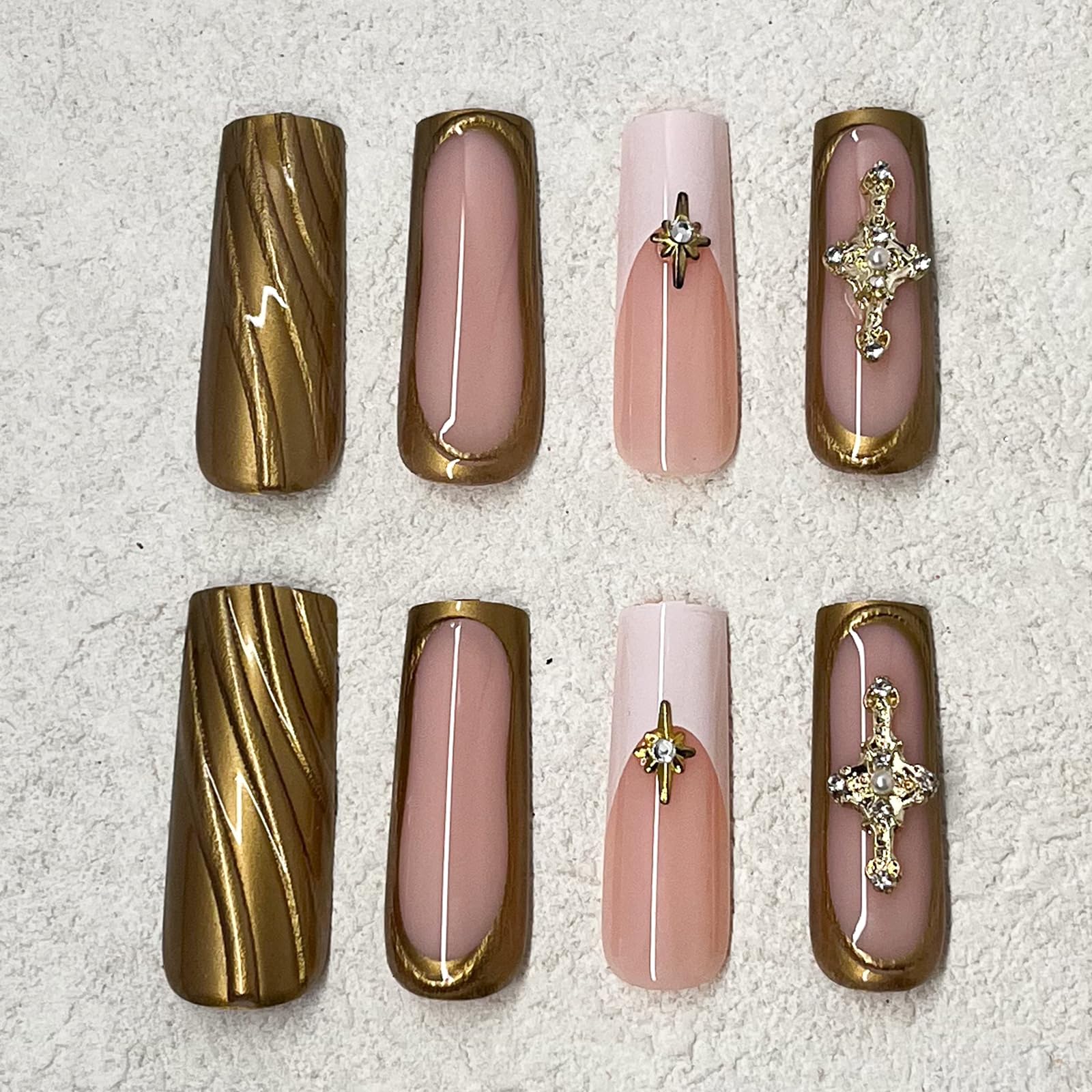 slim fit dress slacks Golden Blush – 3D Pink & Gold Press-On Nails with Pearls main image 1
