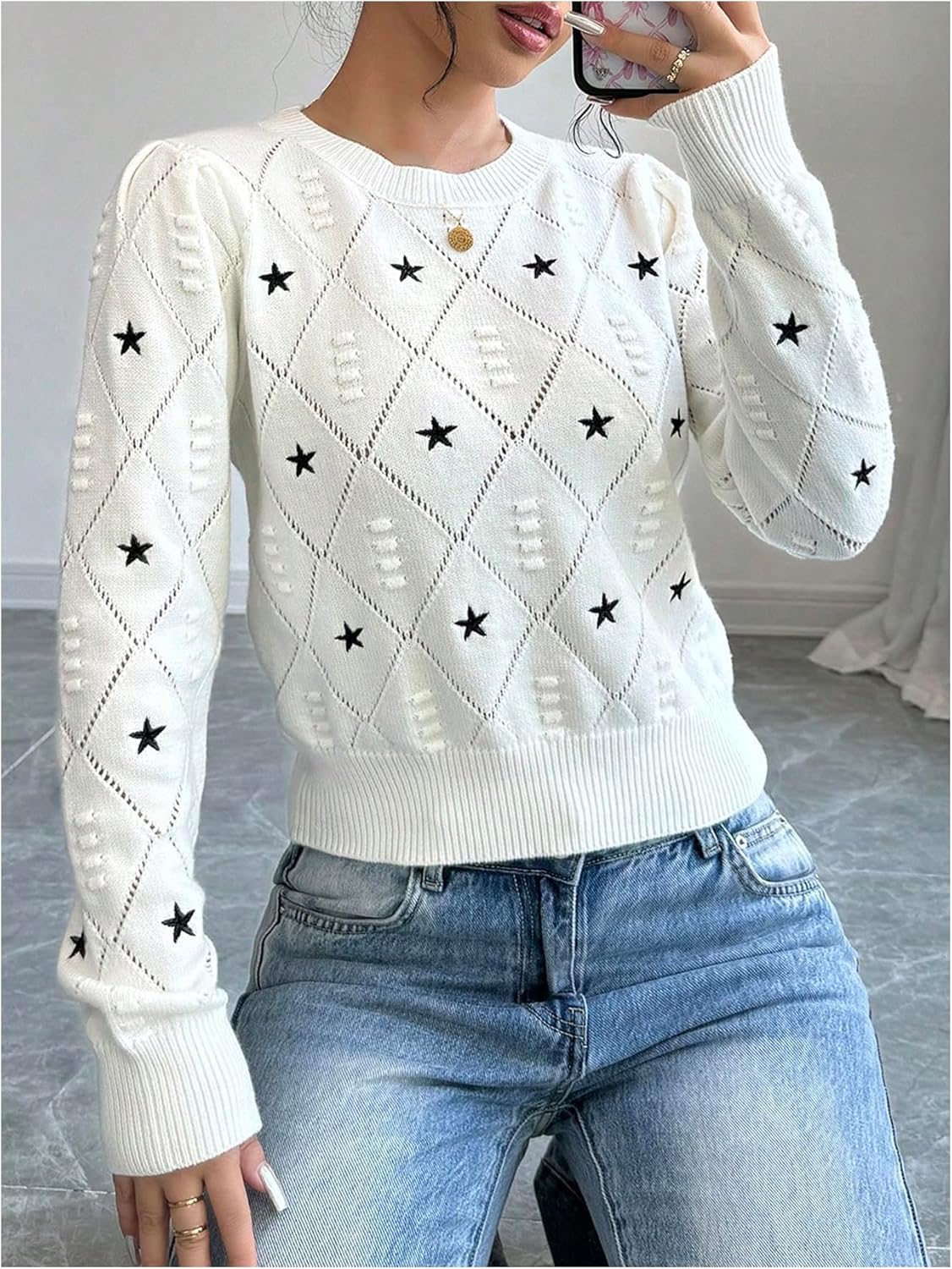 Women's Y2k Star Print Crochet Knit Crewneck Sweater Hollow Out Long Sleeve Pullover Knit Top - Image 3