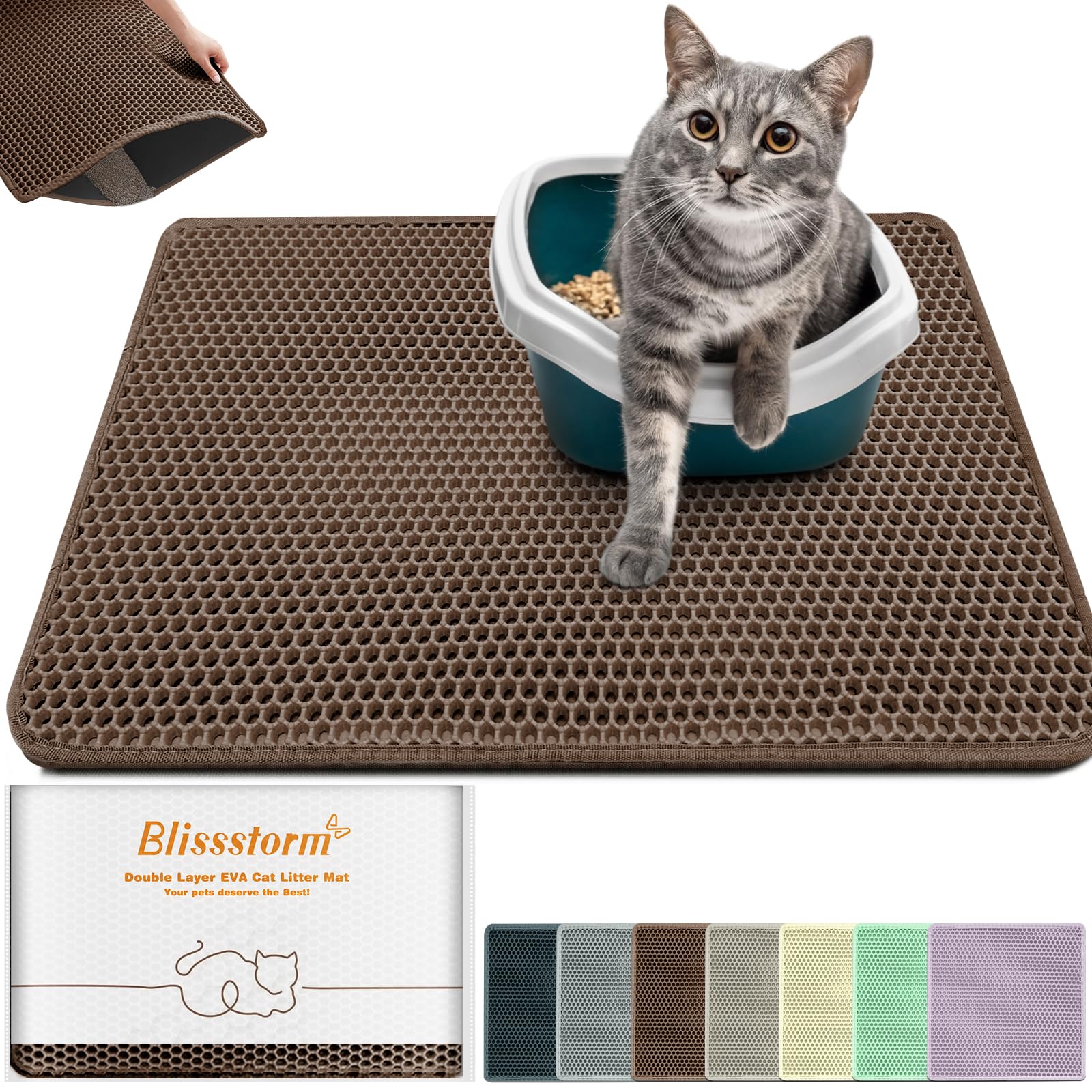Extra Large Waterproof Cat Litter Mat - 35x24 Inch Honeycomb Double Layer Traps Litter, Waterproof & Non-Slip Floor Protector, Easy Clean, Odor-Free, Brown