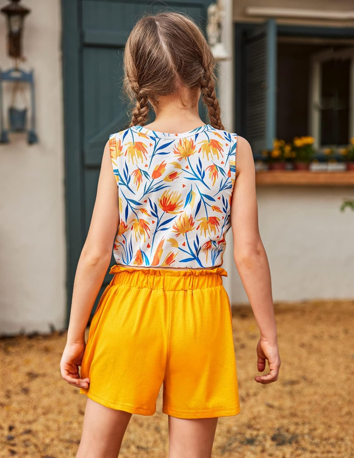 Arshiner Girl's 2 Piece Outfits Summer Tie Knot Tank Top and Paperbag Waist Pocketed Short Sets - Image 3