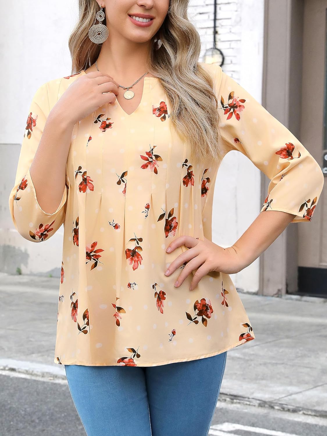 WLLW Womens Floral Printed 3/4 Sleeve Blouses Summer Pleated Front Tunic Tops V Neck Loose Fit Flowy Shirts - Image 5